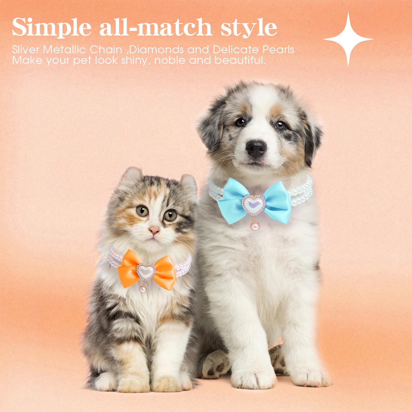 Howwfaly Dog Pearl Collar And Cat Princess Bow Collars Gold Chain Necklace Stainless Steel Adjustable Cute Pet Heart Shape Penda