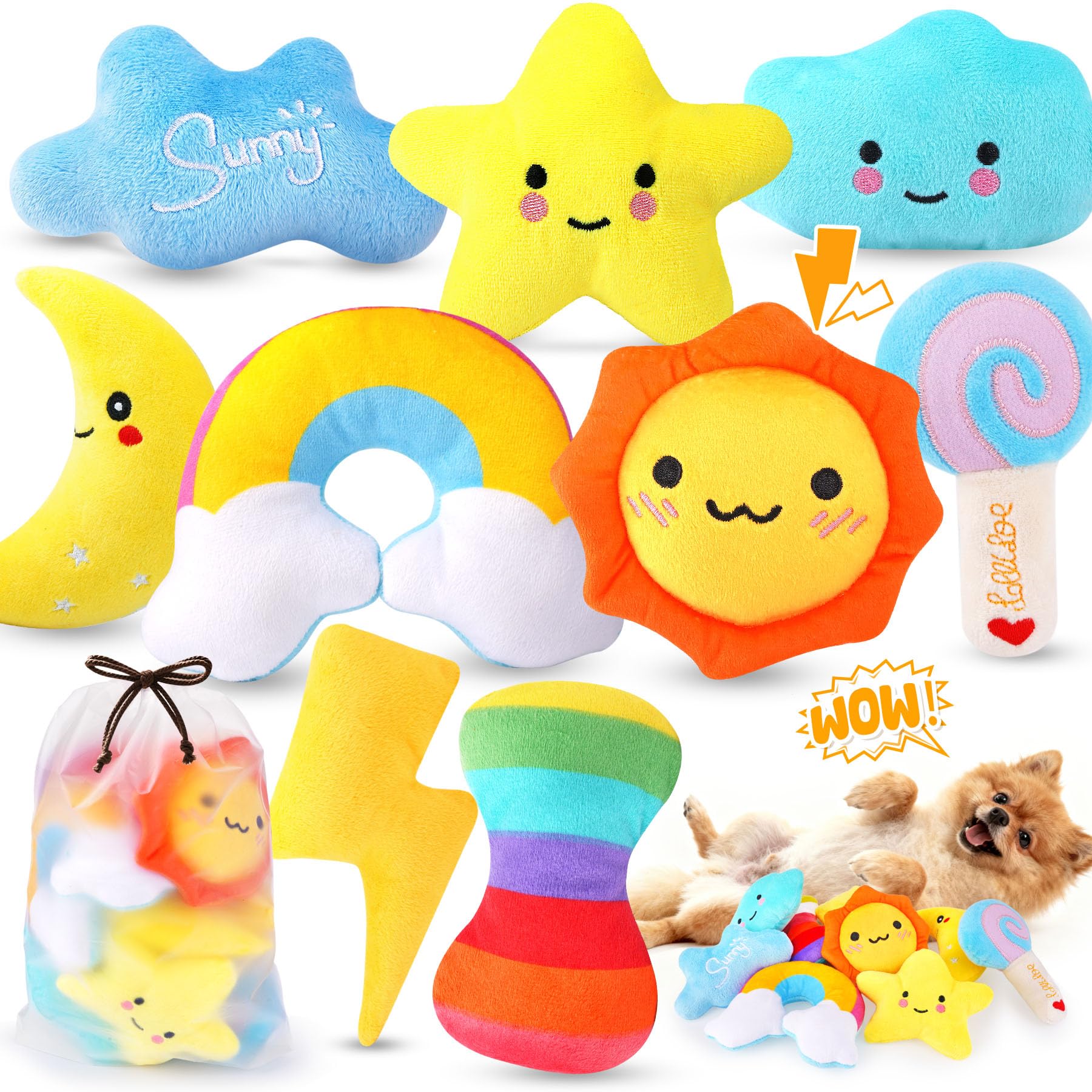 KIPRITII Whimsical Squeaky Dog Toys for Small Dogs & Puppies - Plush Toys Pack with Storage Bag, 9 Pcs Stuffed Puppy Chew Toys w