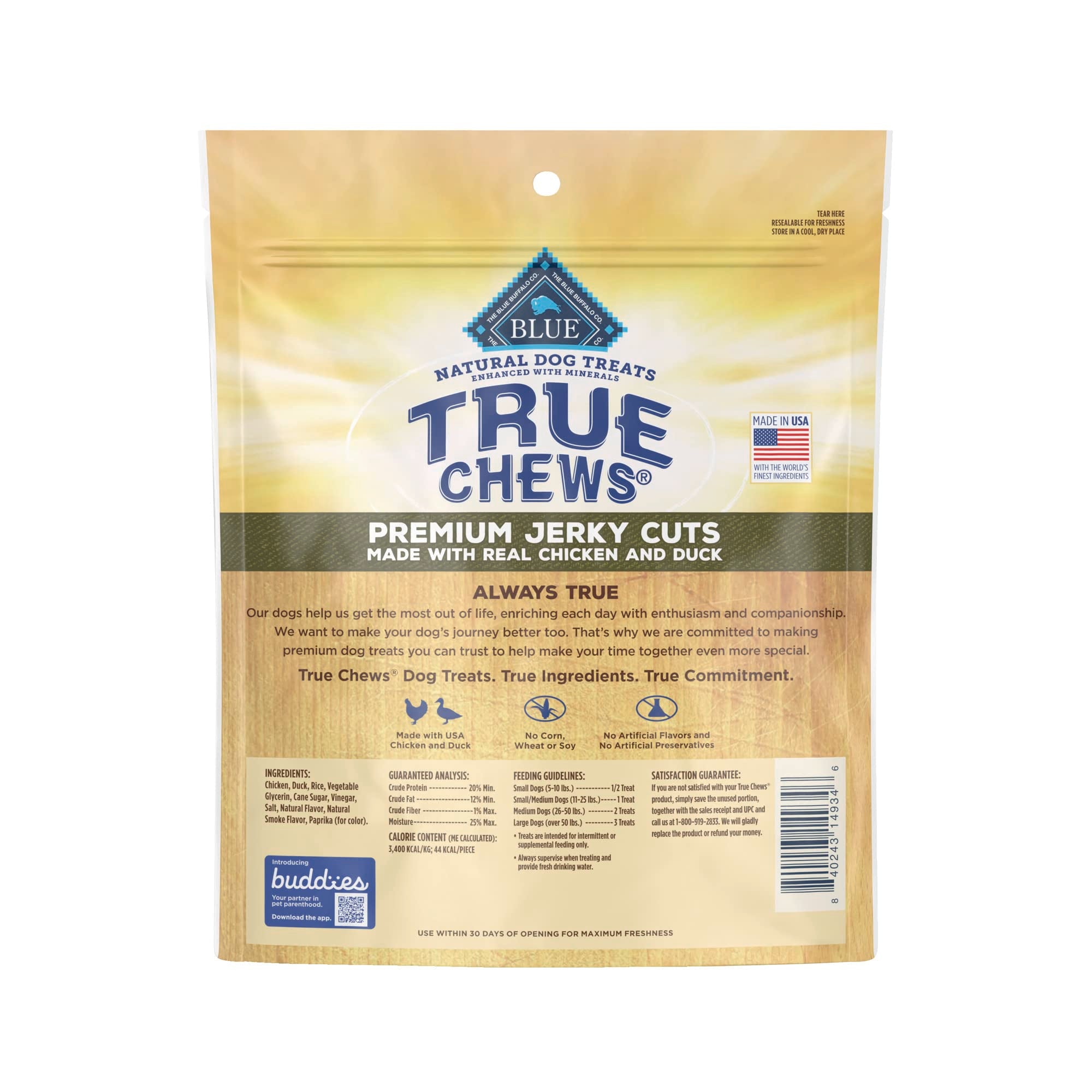 Blue Buffalo True Chews Premium Jerky Cuts Dog Treats, Made in the USA with Natural Ingredients, Duck, 12-oz Bag