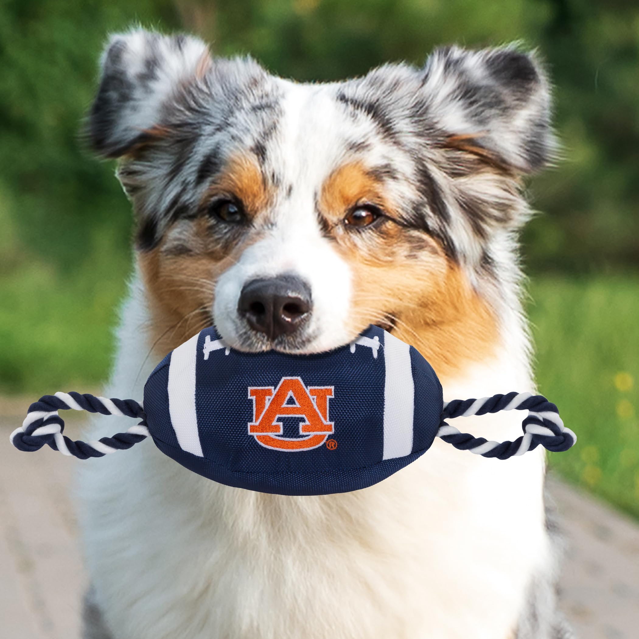 Pets First NCAA Auburn Tigers Football Dog Toy, Tough Quality Nylon Materials, Strong Pull Ropes, Inner Squeaker, Collegiate Tea