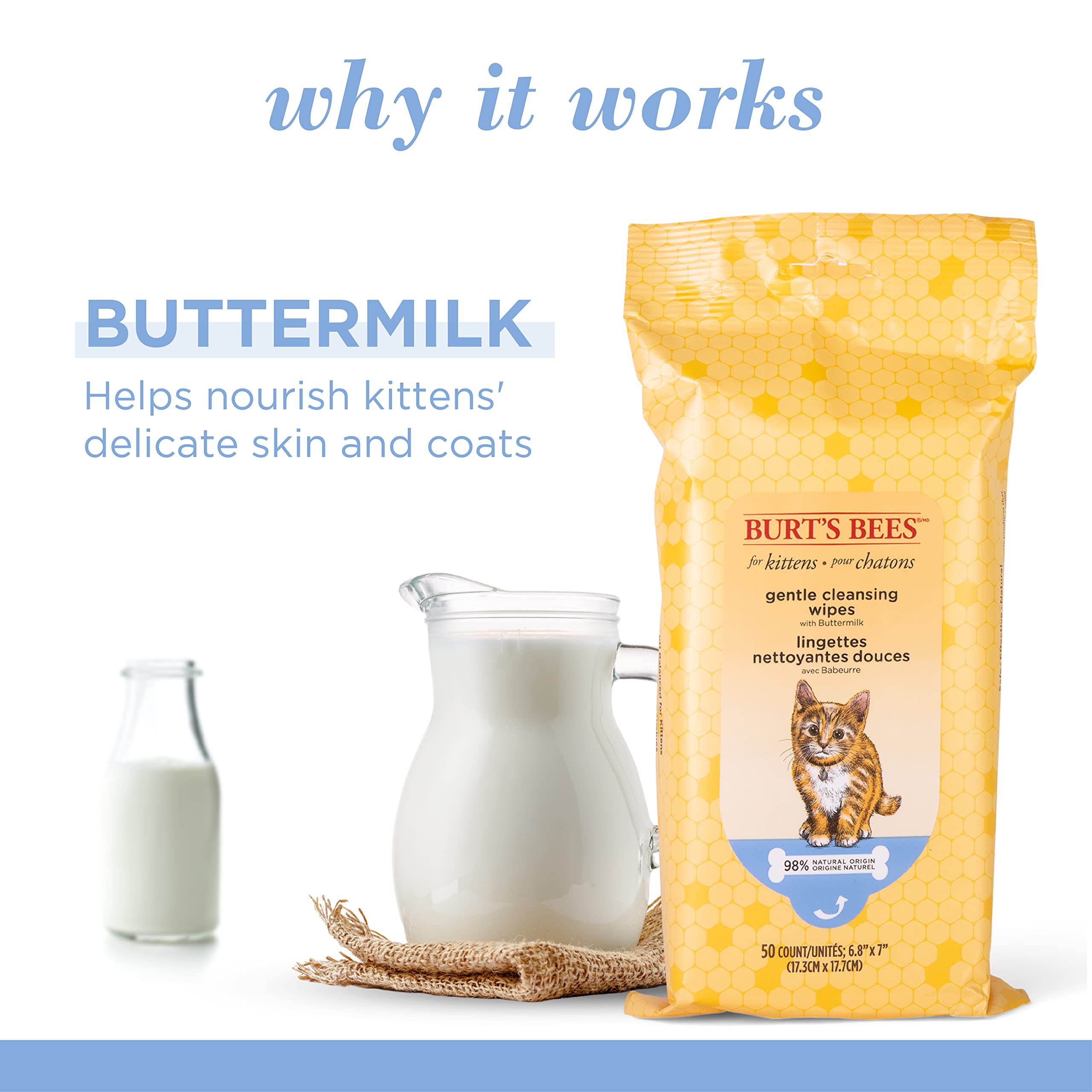 Burt'S Bees For Pets Kitten Wipes With Buttermilk, 98% Natural Origin Formulas, Cat Wipes, Cat Grooming Supplies, Cat Cleaning Wipes, Waterless Cat Grooming, 50Ct