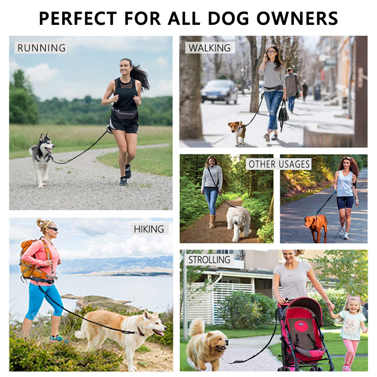 Hands Free Dog Leash, Waist Dog Running Leash For Medium To Large Dogs, Retractable Bungee Hands Free Leash For Walking Jogging Training Hiking, Adjustable Waist Belt, Dual Handle