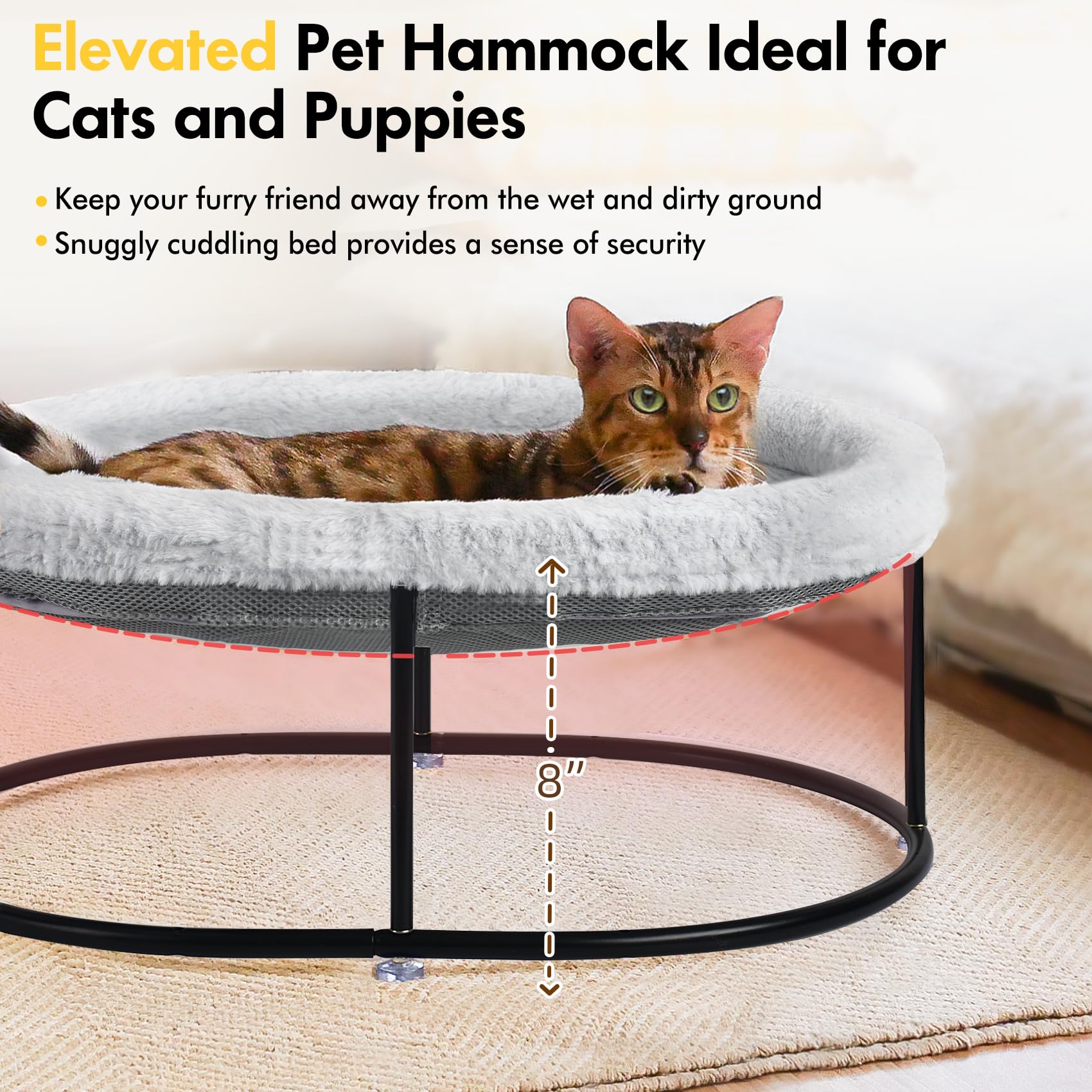 Zoratoo Elevated Cat Hammock Bed for Indoor Cats, Fluffy Warm Cuddle Cat Bed with Detachable Pad Bed Cover, Portable Pet Bed Rai