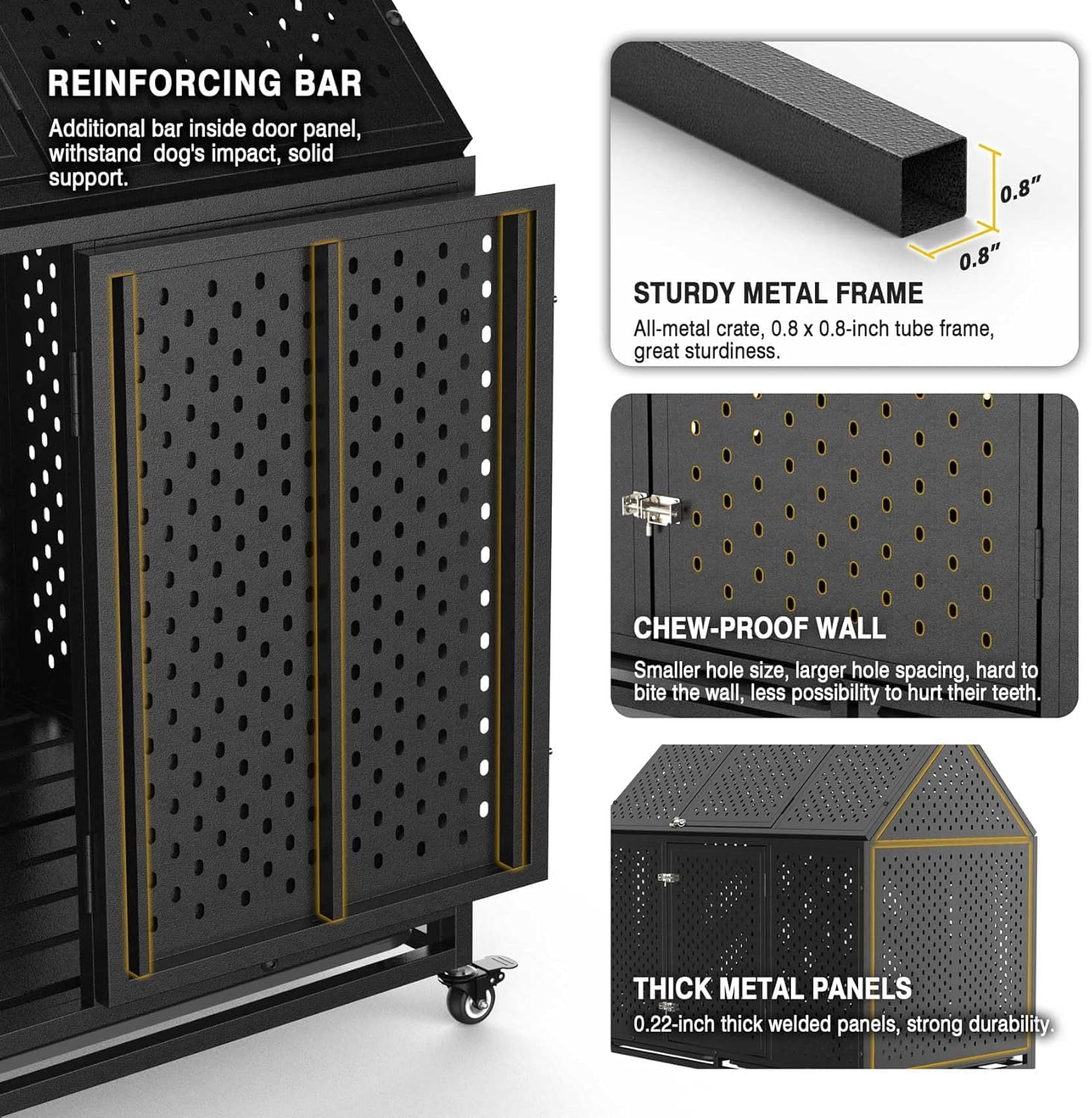 44 Inch Heavy Duty Indestructible Dog Crate, Escape Proof Dog Cage Kennel With Lockable Wheels, High Anxiety Double Door, Extra