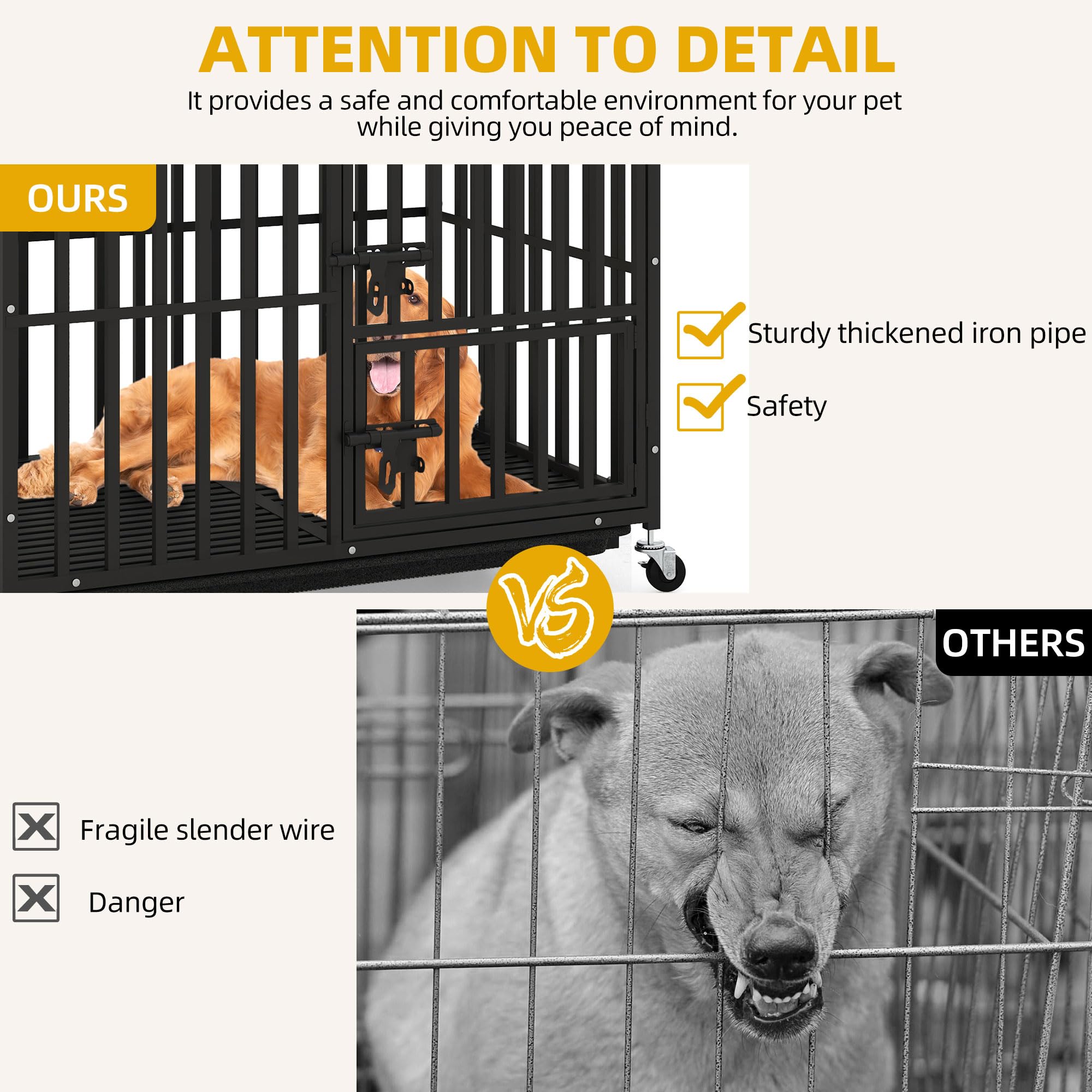 DWVO Heavy Duty Dog Crate, 38 Inch Escape-Proof Dog Cage Indoor Kennel for Medium Small Dogs with Lockable Wheels, 3-Door Design