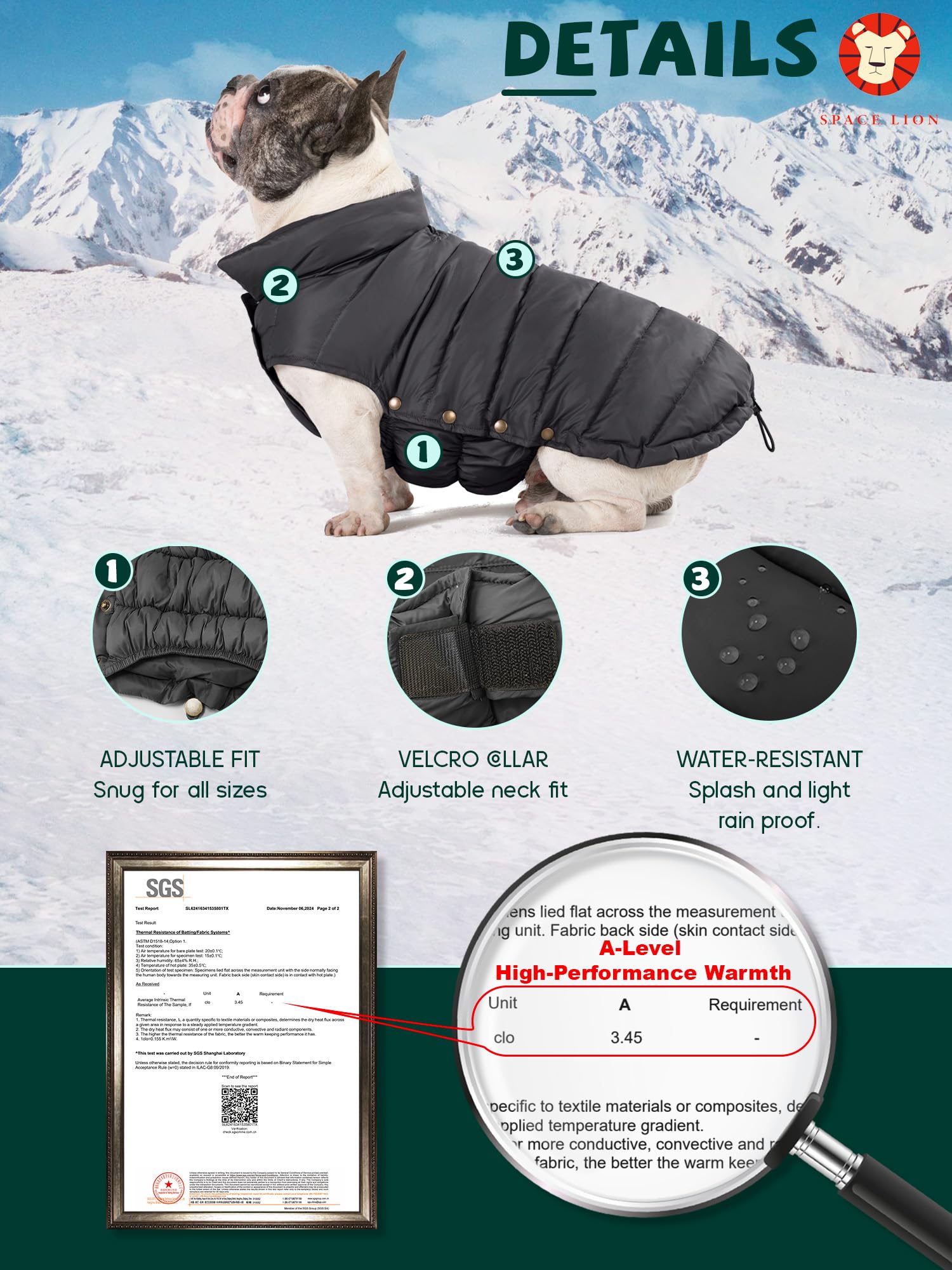 Space Lion Puffer Jacket, Down Winter Coat, Waterproof, Windproof, Lightweight Jacket, Adjustable Fit Dog Coat For Small, Medium