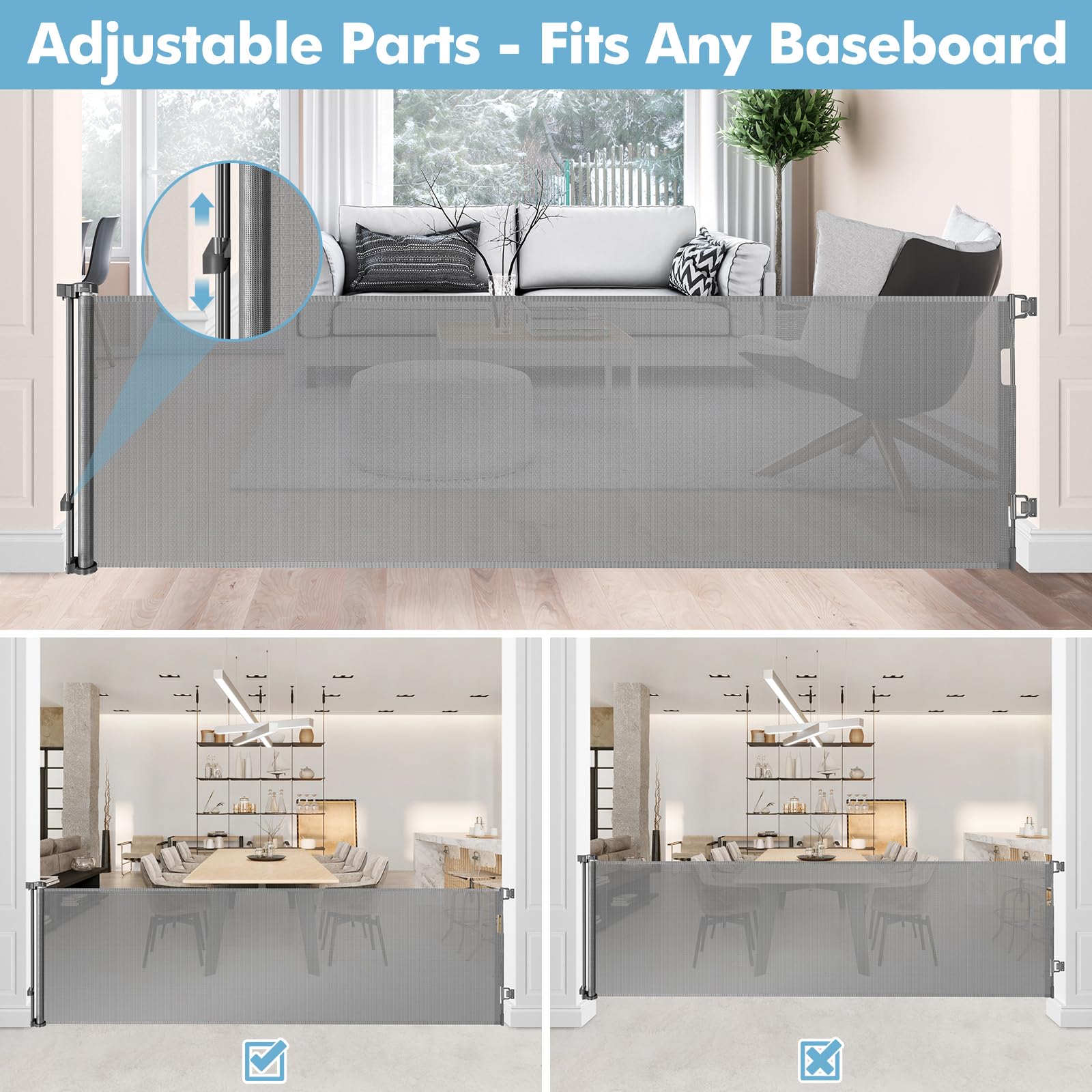 75 Inch Retractable Baby & Dog Gate - Wide & Extra Large Openings, Indoor & Outdoor Use, Gray