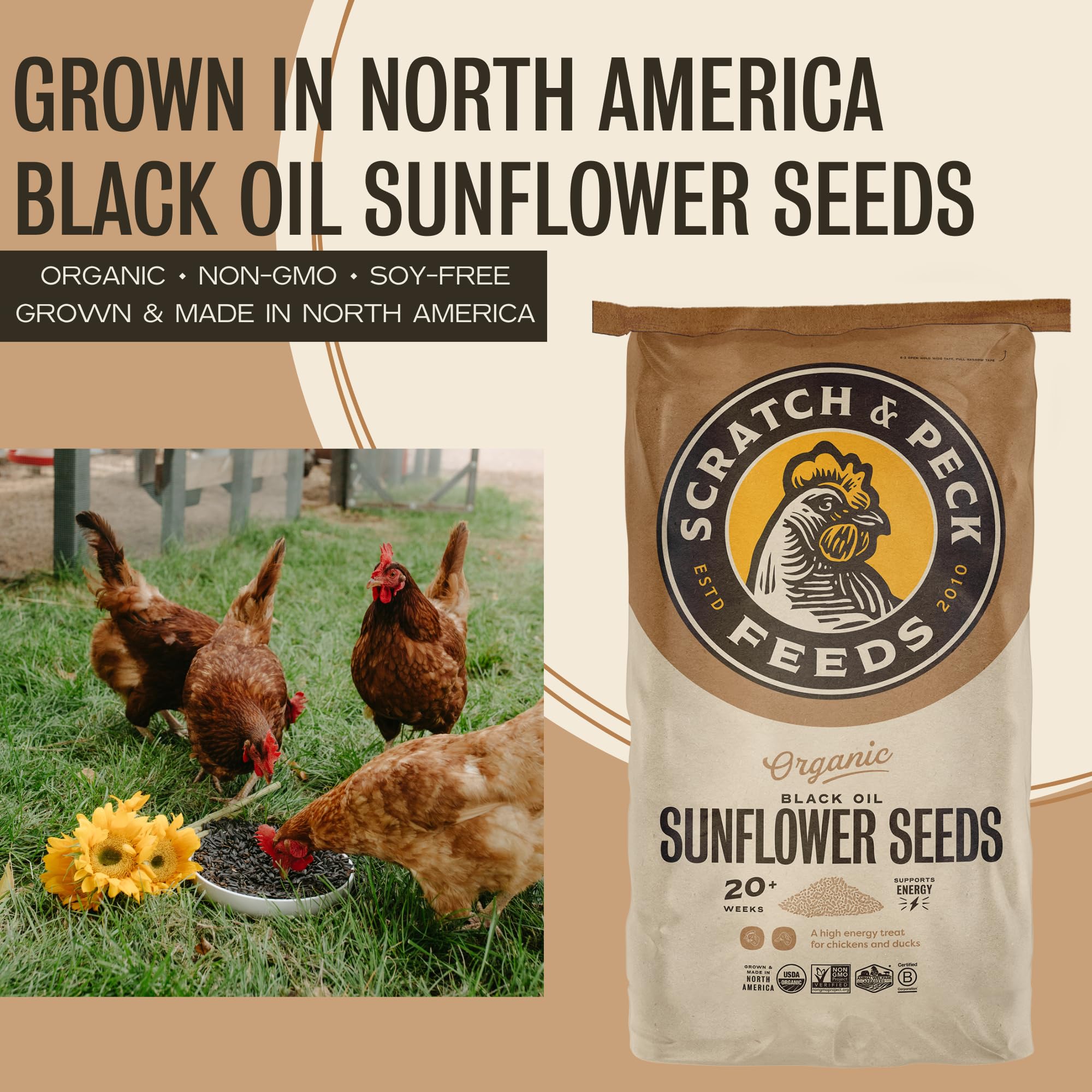 Scratch and Peck Black Oil Sunflower Seeds Chicken and Duck Treat - 7 lbs Bag - 15% Protein, Certified Organic and Non-GMO Proje