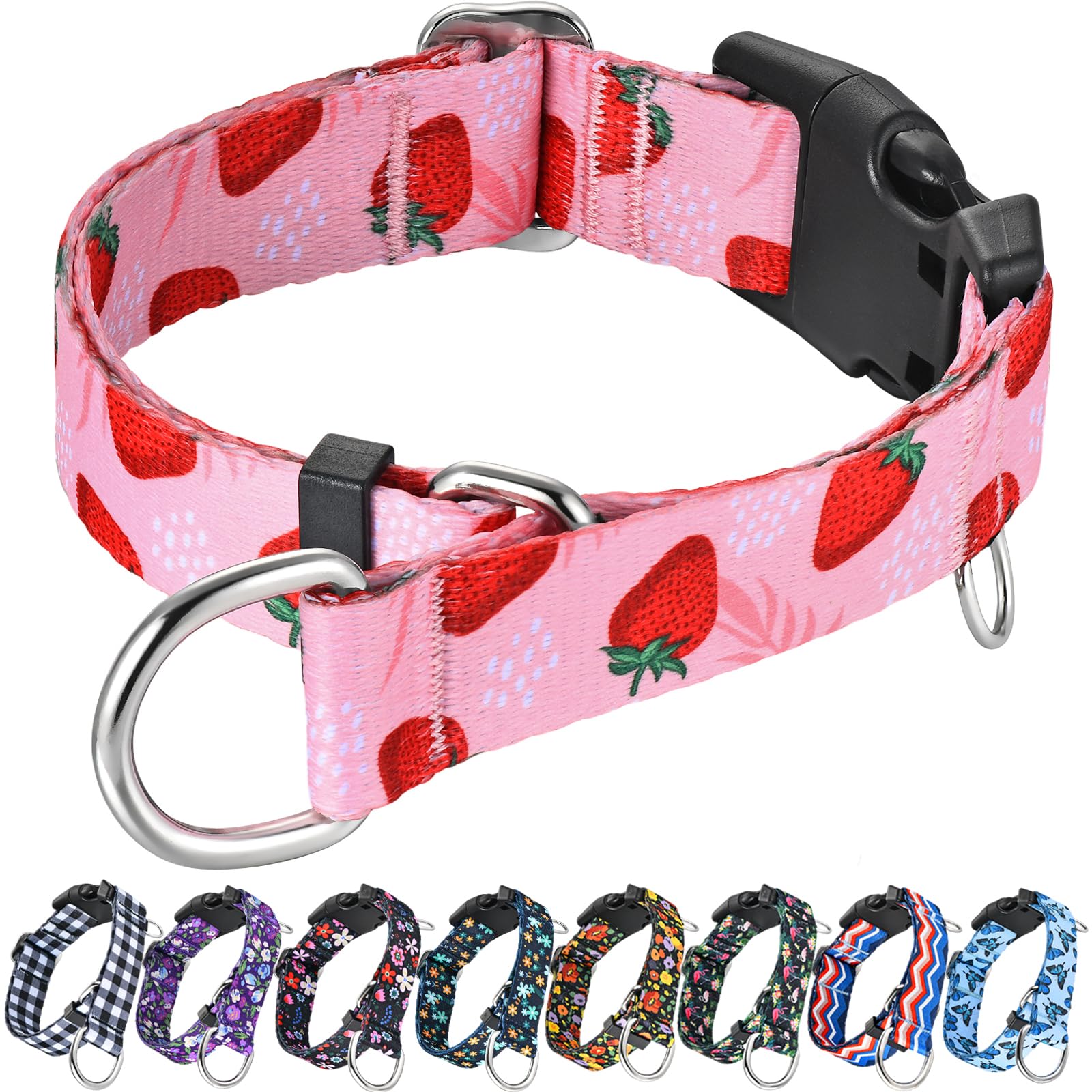 Fidohug Martingale Collar For Dogs With Buckle Adjustable Nylon Slip No Pull Training Dog Collars (Pink Strawberry, Large)