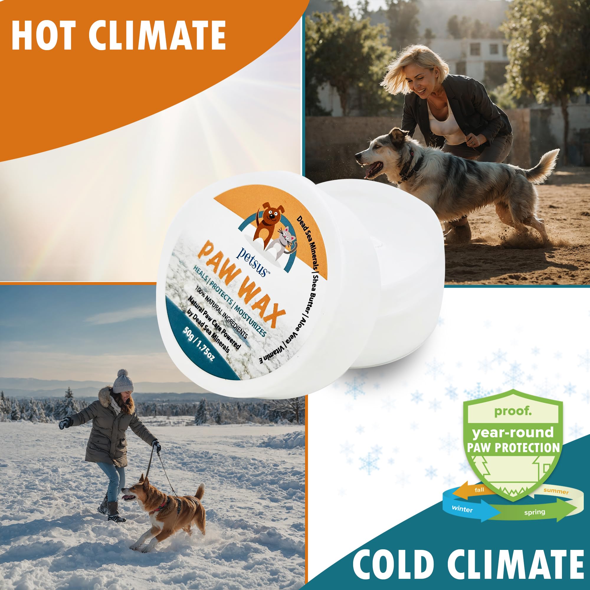 Petsus Natural Dog Paw & Nose Balm - Moisturizing Paw Wax With Dead Sea Minerals | Lick-Safe, Organic Balm For Dry, Cracked Paws