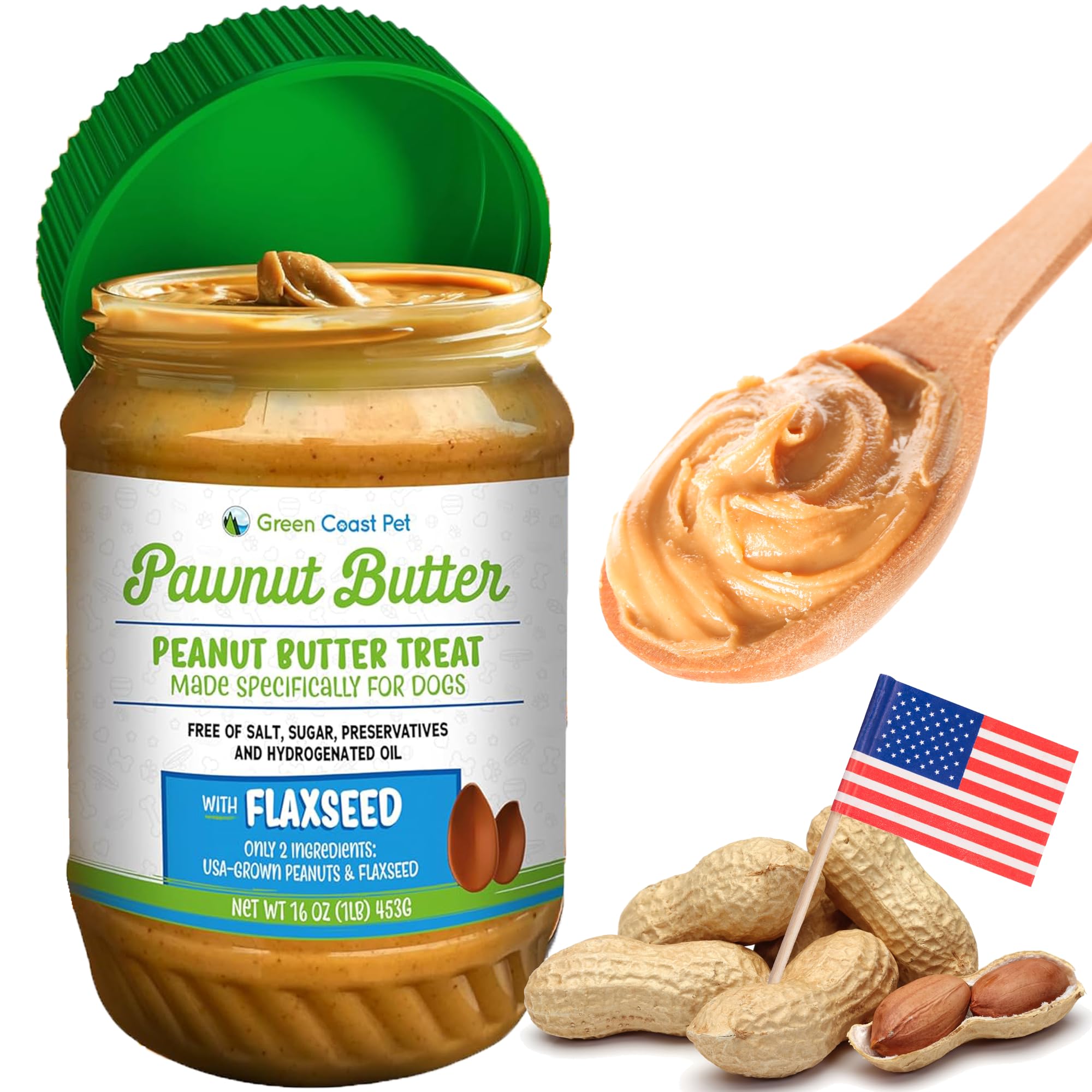 Green Coast Pet Natural Peanut Butter for Dogs Safe - 100% Healthy Dog Treats - No Sugar, Xylitol Free, Digestive Support - Pupp