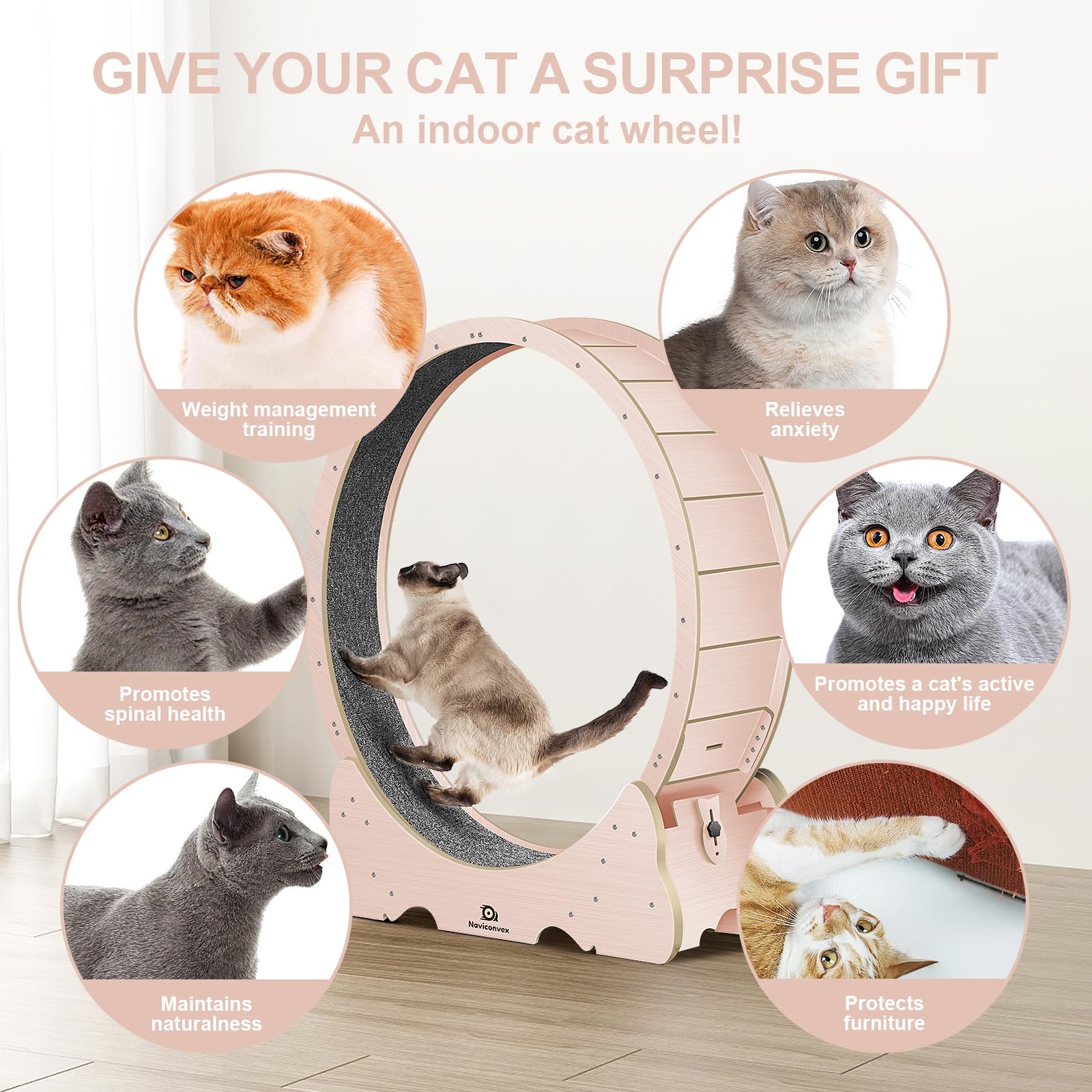Naviconvex Cat Wheel, 47'' Xl Large Cats Exercise Running Wheel, Cat Treadmill For Indoor Cats, Pink