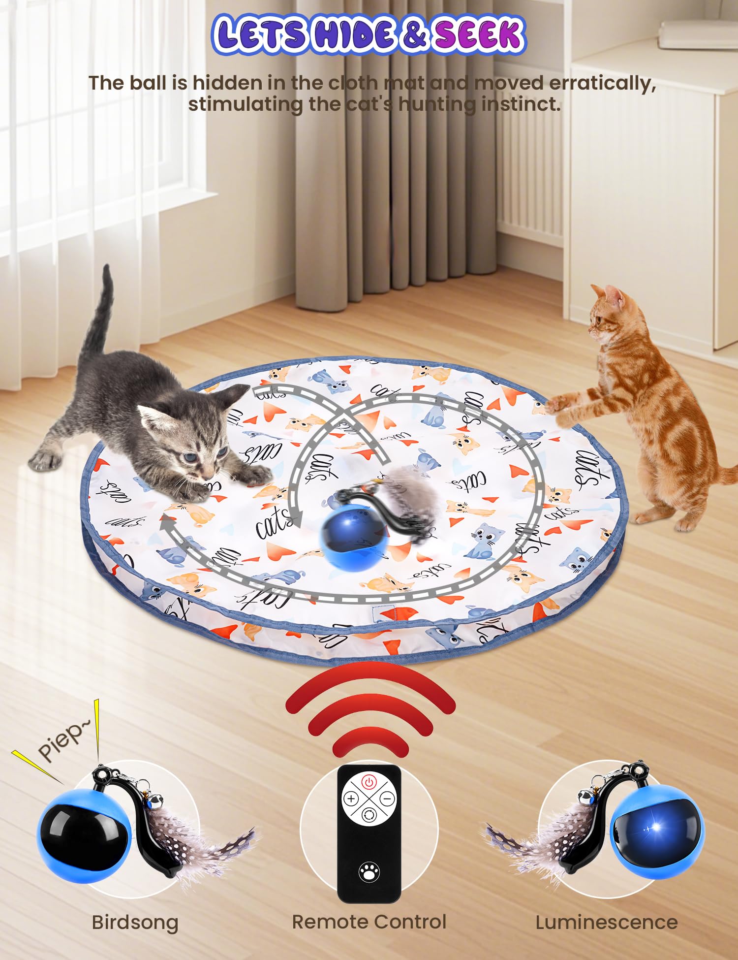 Eisfiel Interactive Cat Toys For Indoor Cats, Cat Play Mat Toy, Automatic Motion Activated Moving Ball Hide And Seek Cat Toy Gam