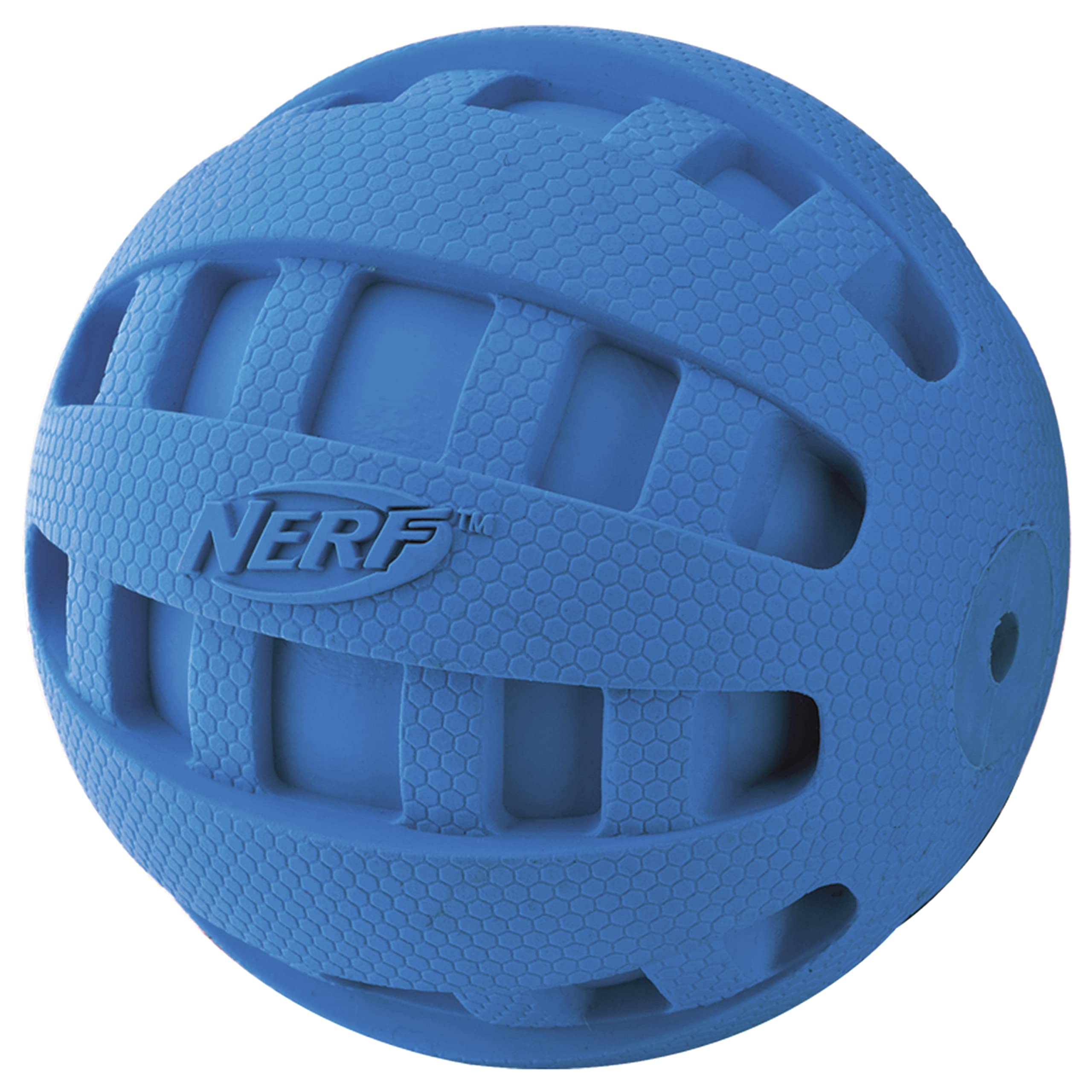Nerf Dog Rubber Ball Dog Toy With Checkered Squeaker, Lightweight, Durable And Water Resistant, 4 Inch Diameter For Medium/Large Breeds, Single Unit, Blue