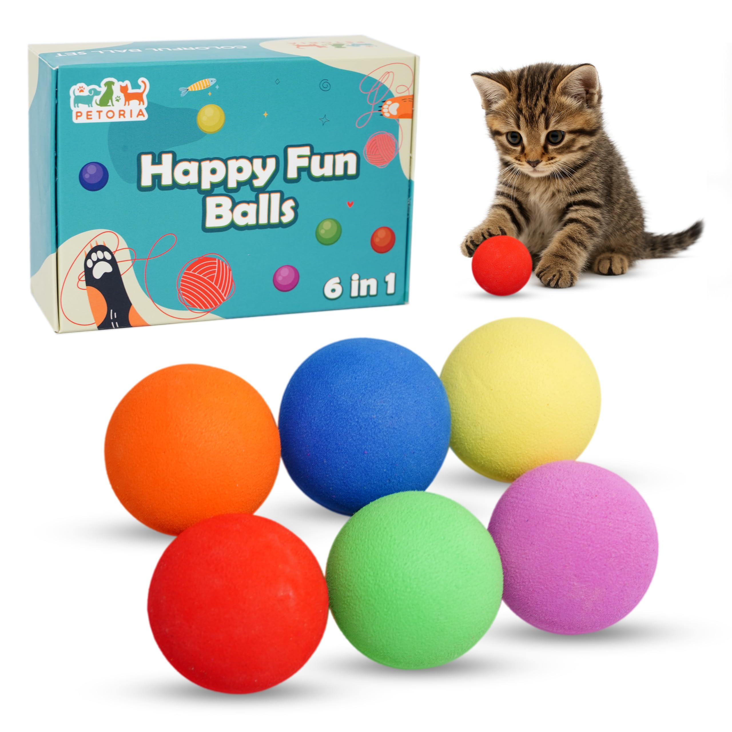 PETORIA Colorful Soft Cat Play Balls - 6 Color EVA Toys for Cats & Small Pets - Soft, Lightweight and Fun