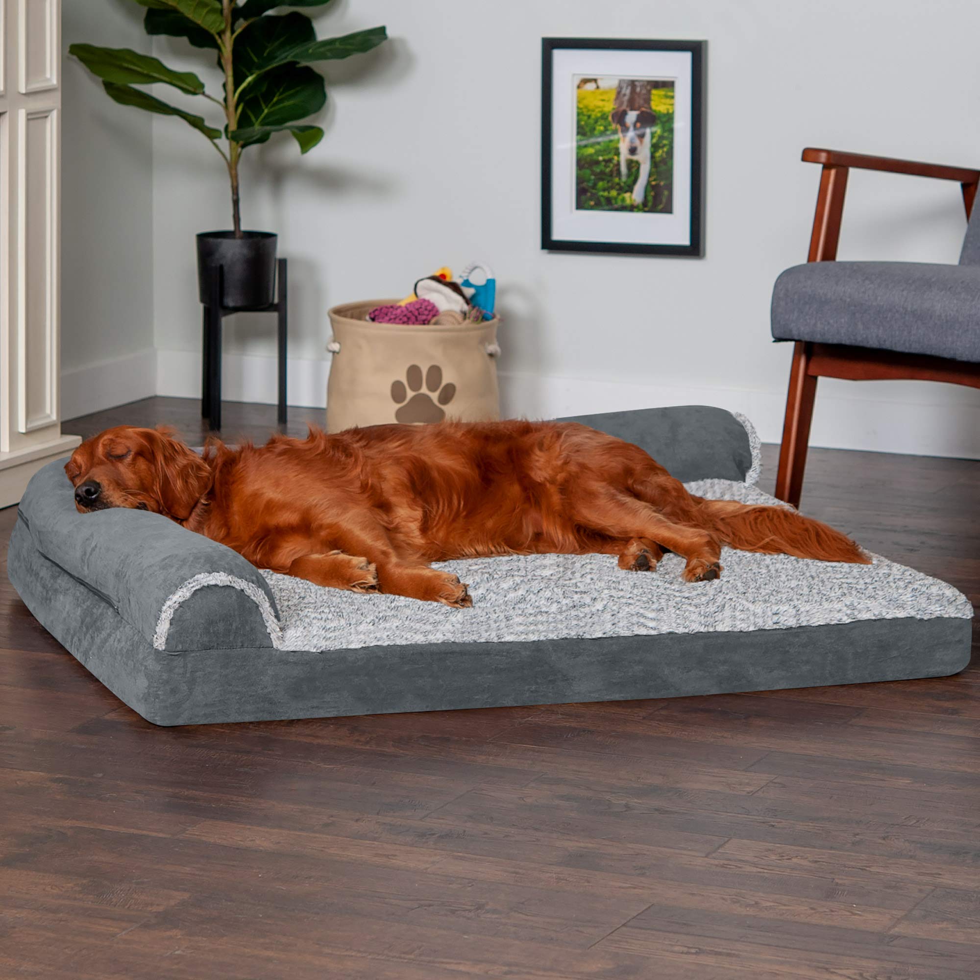 Furhaven Memory Foam Dog Bed For Large Dogs W/ Removable Bolsters & Washable Cover, For Dogs Up To 95 Lbs - Two-Tone Plush Faux Fur & Suede L Shaped Chaise - Stone Gray, Jumbo/Xl
