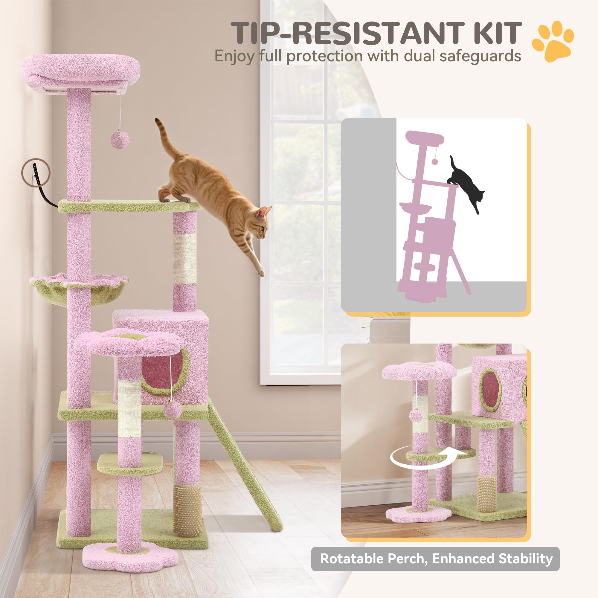 Yitahome 61'' Flower Cat Tree, Cat Tree Cute With Large Metal Frame Hammock, Silicone Tickling Column, Cat Scratched Board, 3 Si