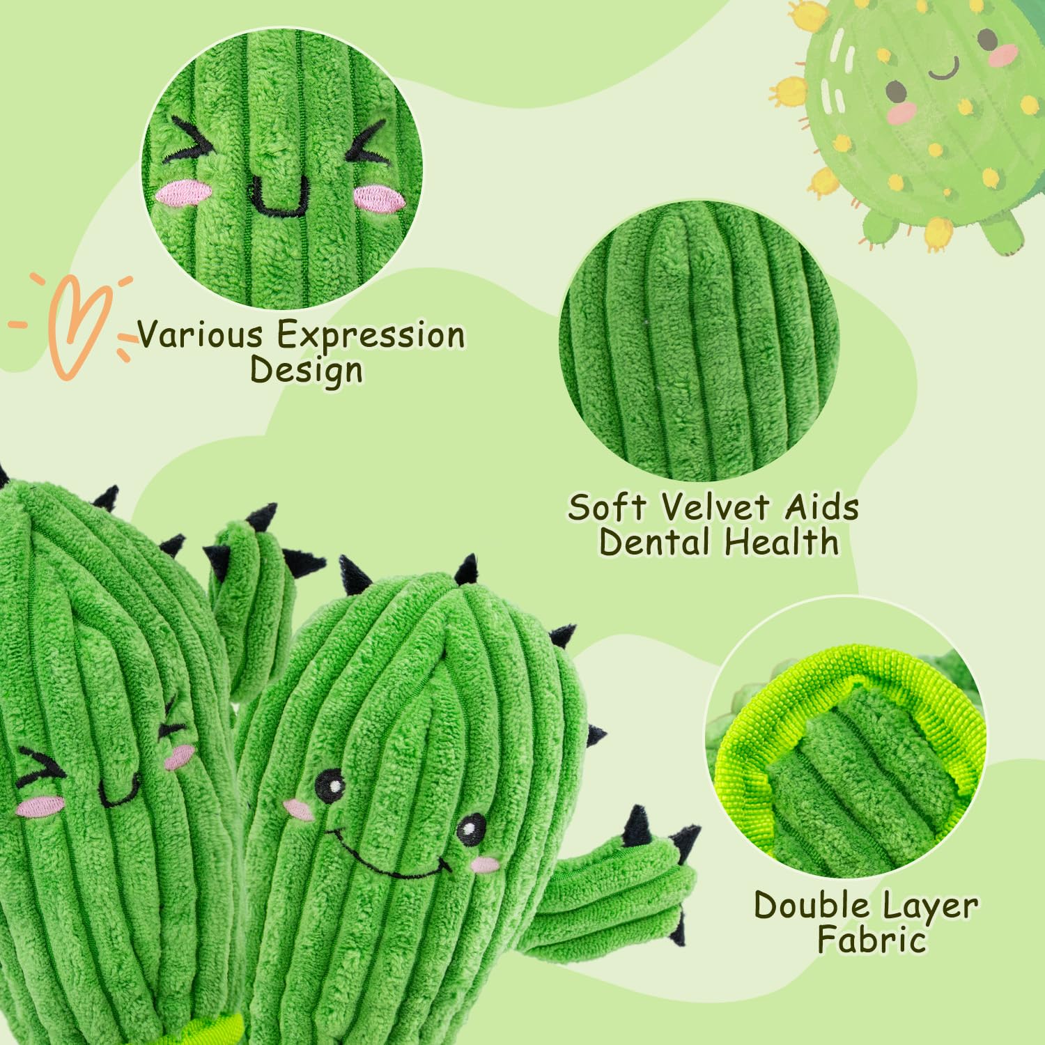 Maoooob No Stuffing 3 Pack Squeaky Dog Toys- 2 In 1 Interactive Plush Dog Toy- Cactus Shaped Rip And Reveal Toy For Puppies- Per