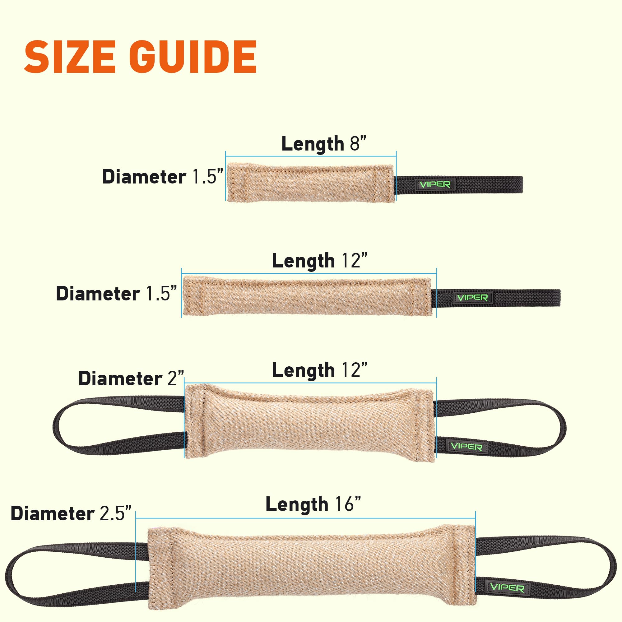 Viper Heavy Duty French Linen Dog Bite Tug Toy - K9 Trainer, Tough And Durable For Dogs Shutzhund Ipo K-9 - Jute - 8In L 1.5In W