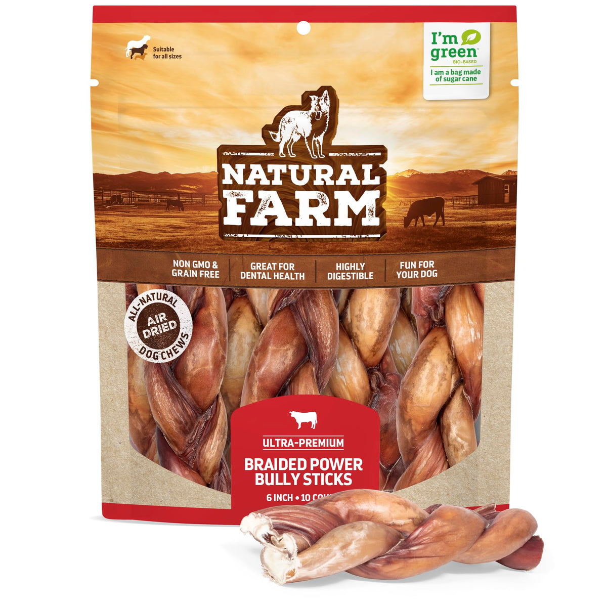 Natural Farm Braided Power Bully Sticks Dog Chews (6”, 10-Pack), 2-In-1 Power Chews: Premium Beef Cheek Wrapped In Beef Pizzle, Braided Together For A Very Long Lasting Chew, Great For Medium Dogs