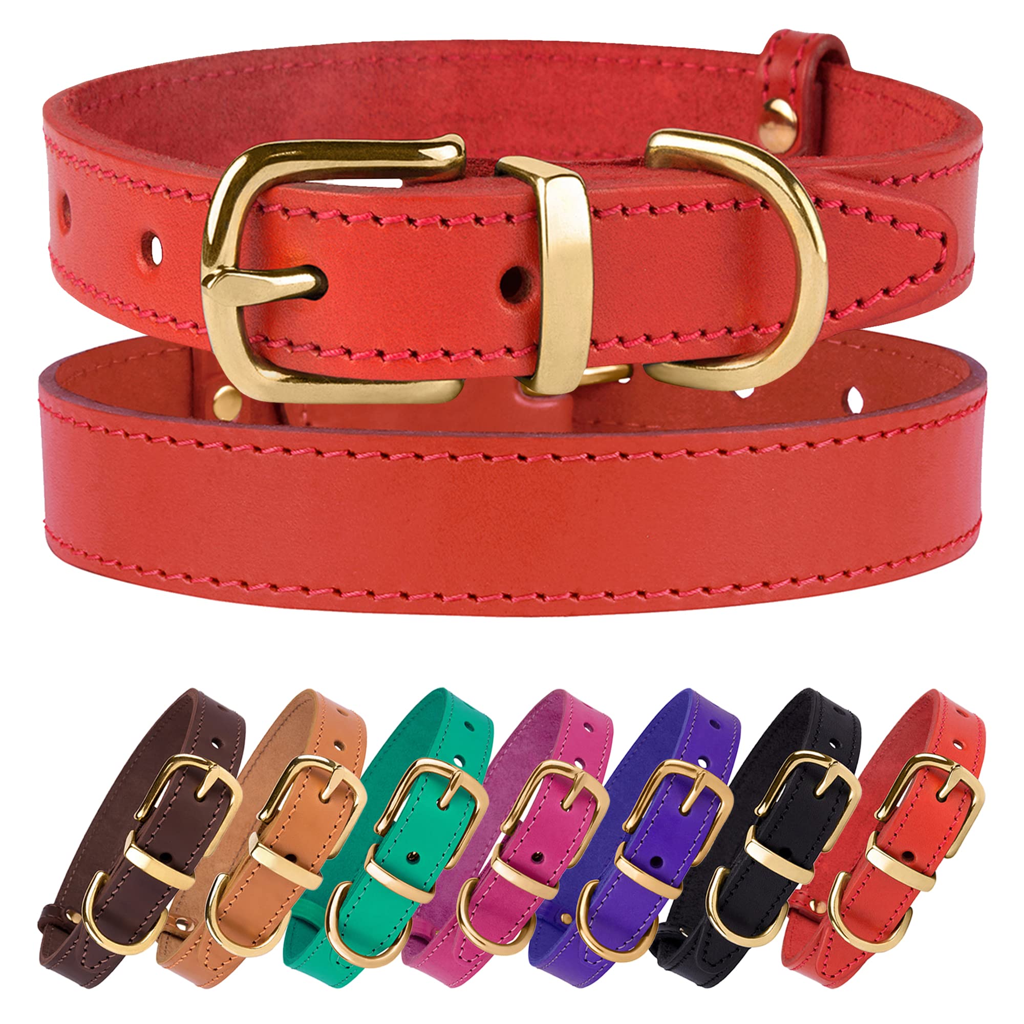 Bronzedog Leather Dog Collar With Metal Buckle Durable Basic Pet Collars For Small Medium Large Dogs (19-21 Inch (Pack Of 1), Red & Gold Buckle)