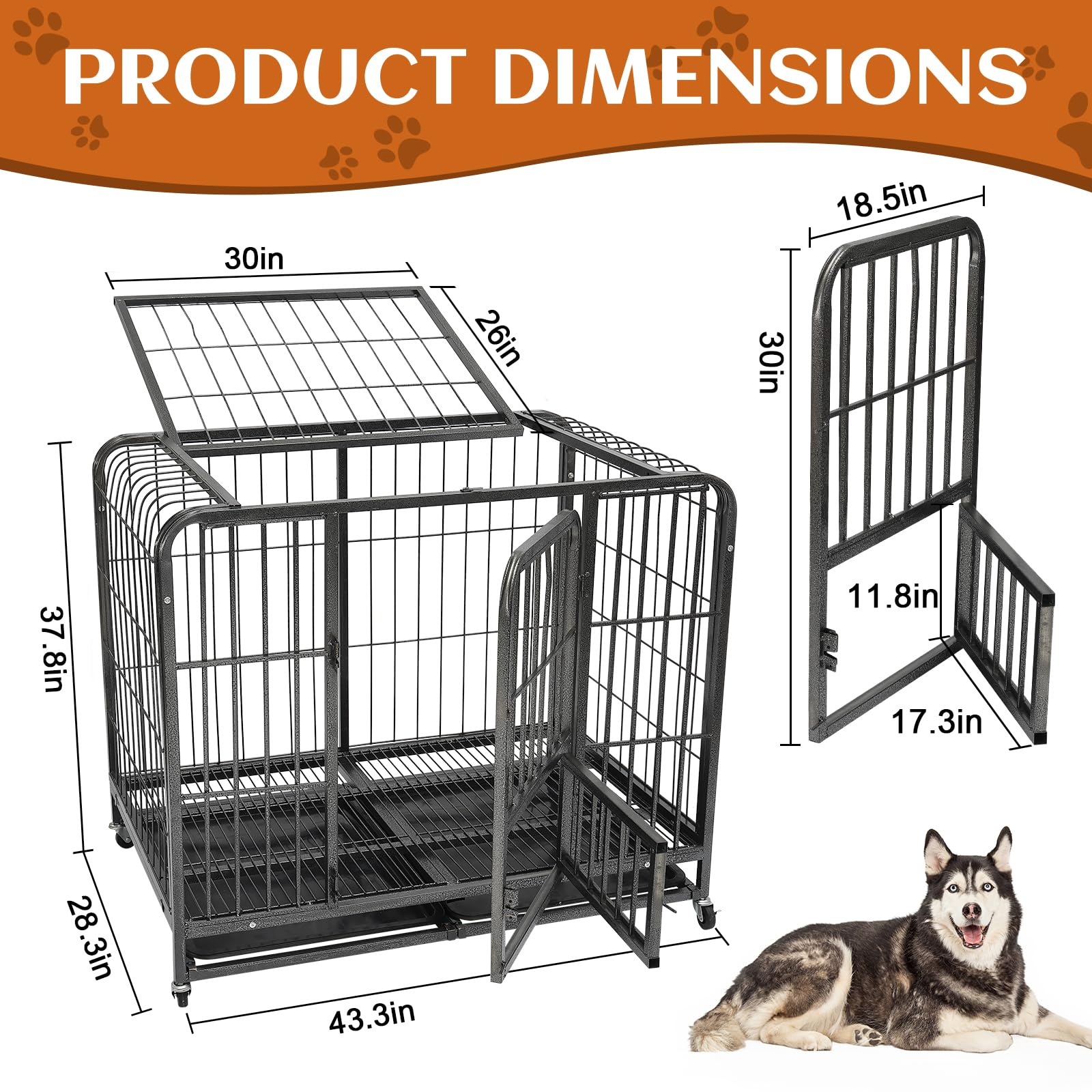 43.3Inch Indestructible Metal Dog Crates For Large Dogs, Heavy Duty Escape Proof Dog Kennel Indoor Extra Large Dog Crate With Lo