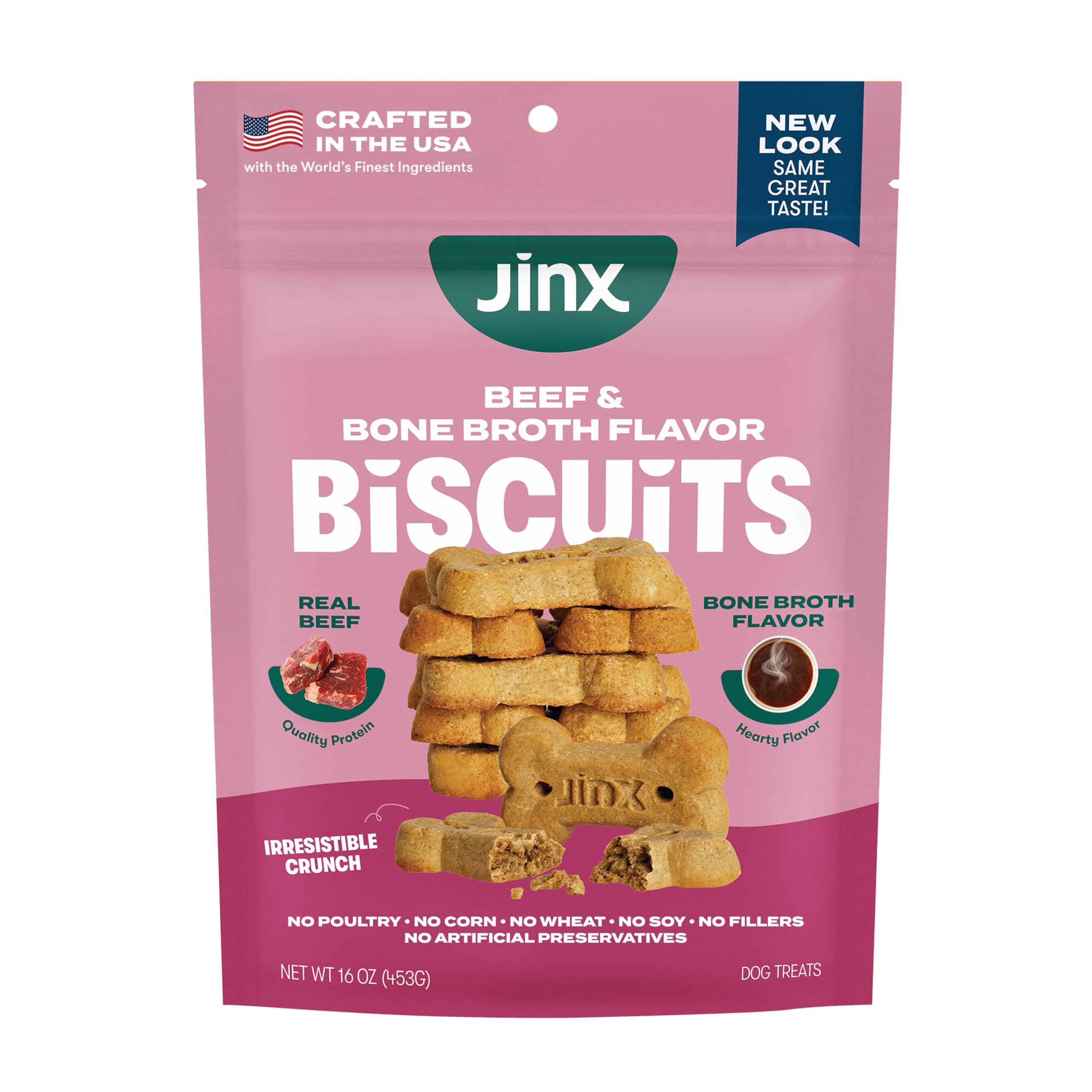 Jinx Oven-Baked Beef Bone Broth Biscuit Treats, Crunchy, All Natural, Superfood-Rich with Real Beef, Pumpkin & Blueberries, 16oz