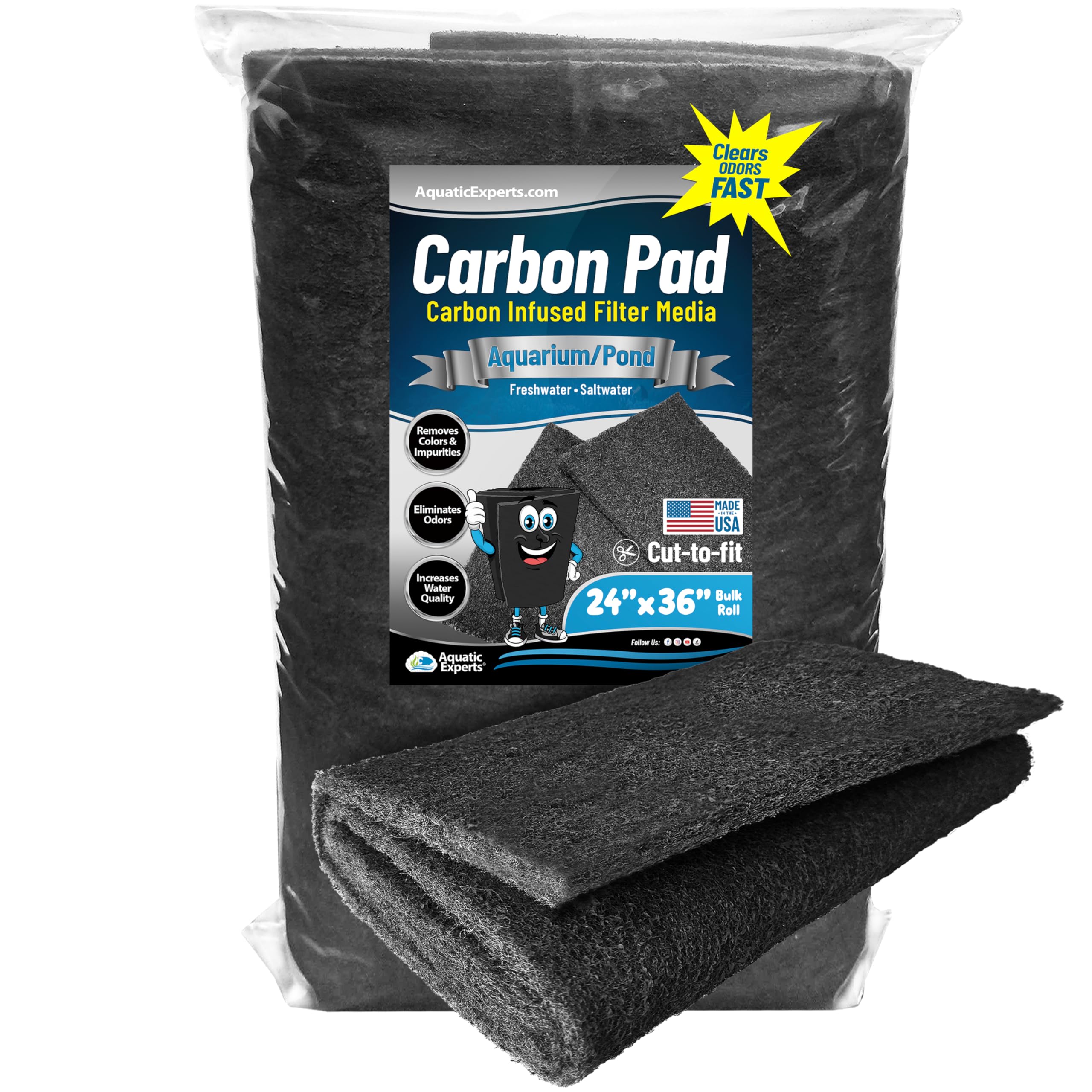 Aquarium Carbon Pad - Cut to Fit Carbon Infused Filter Pad Media for Crystal Clear Fish Tank and Ponds (24 Inch Width, 36 Inch L