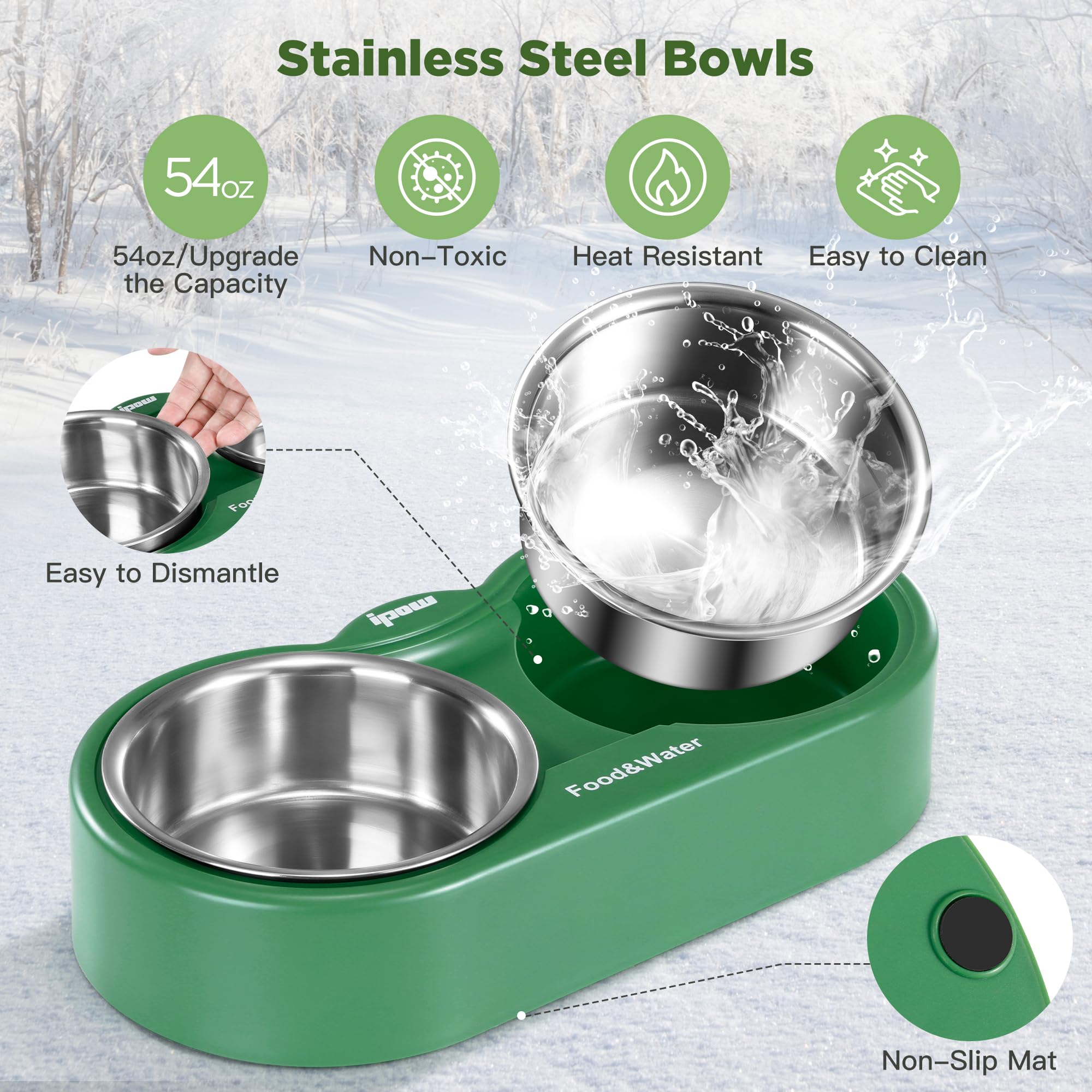 Ipow 54 Oz Heated Cat Bowl With Double Removable Stainless Steel Bowl, Outdoor Heated Water Bowl, Heated Pet Bowls Provide Feral