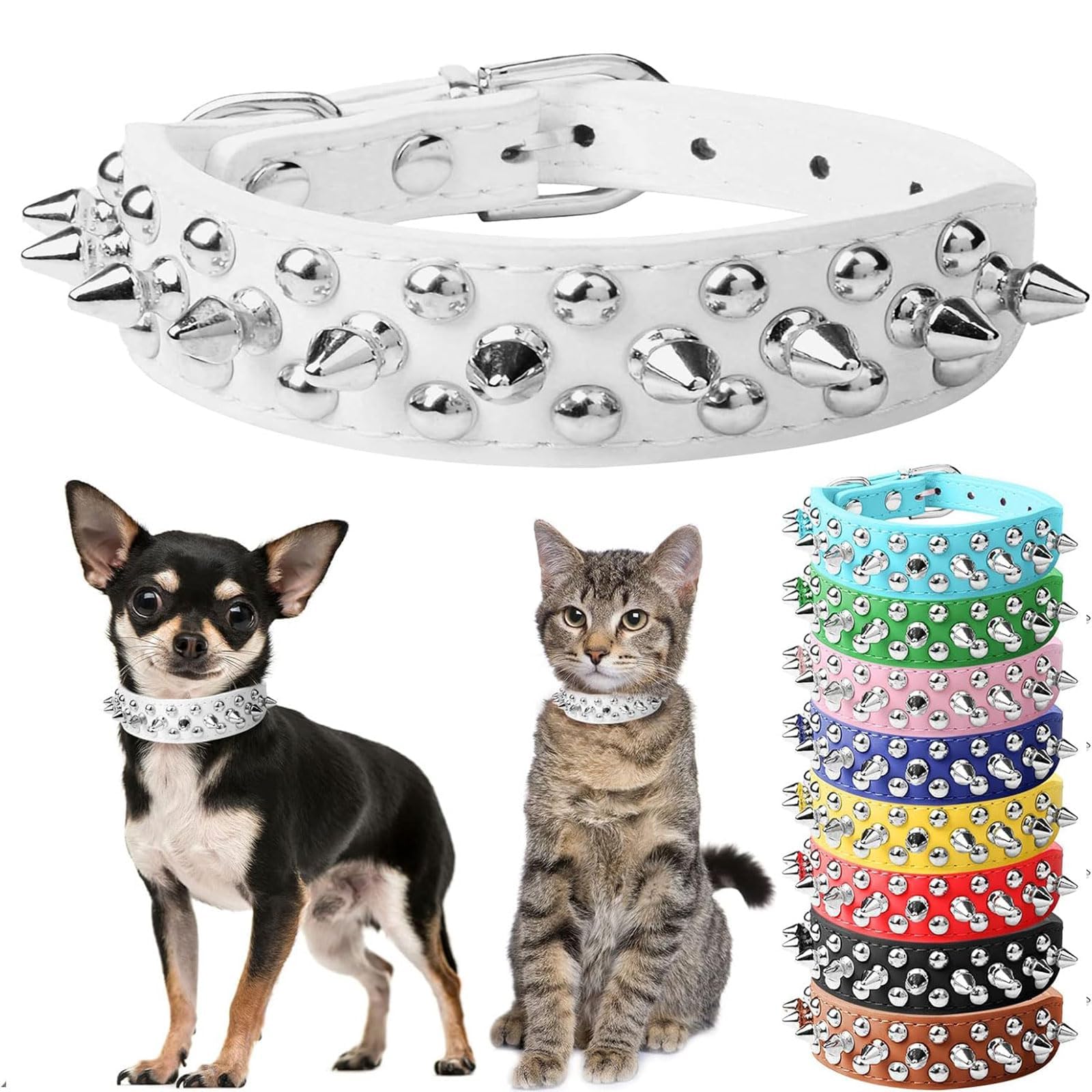 Doggyzstyle Spiked Studded Leather Dog Cat Collar For Small Medium Large Dogs,Soft Adjustable White Pu Leather Cat Small Dog Collars, Durable Leather Puppy Collars For Chihuahua Yorkshire (White,Xxs)