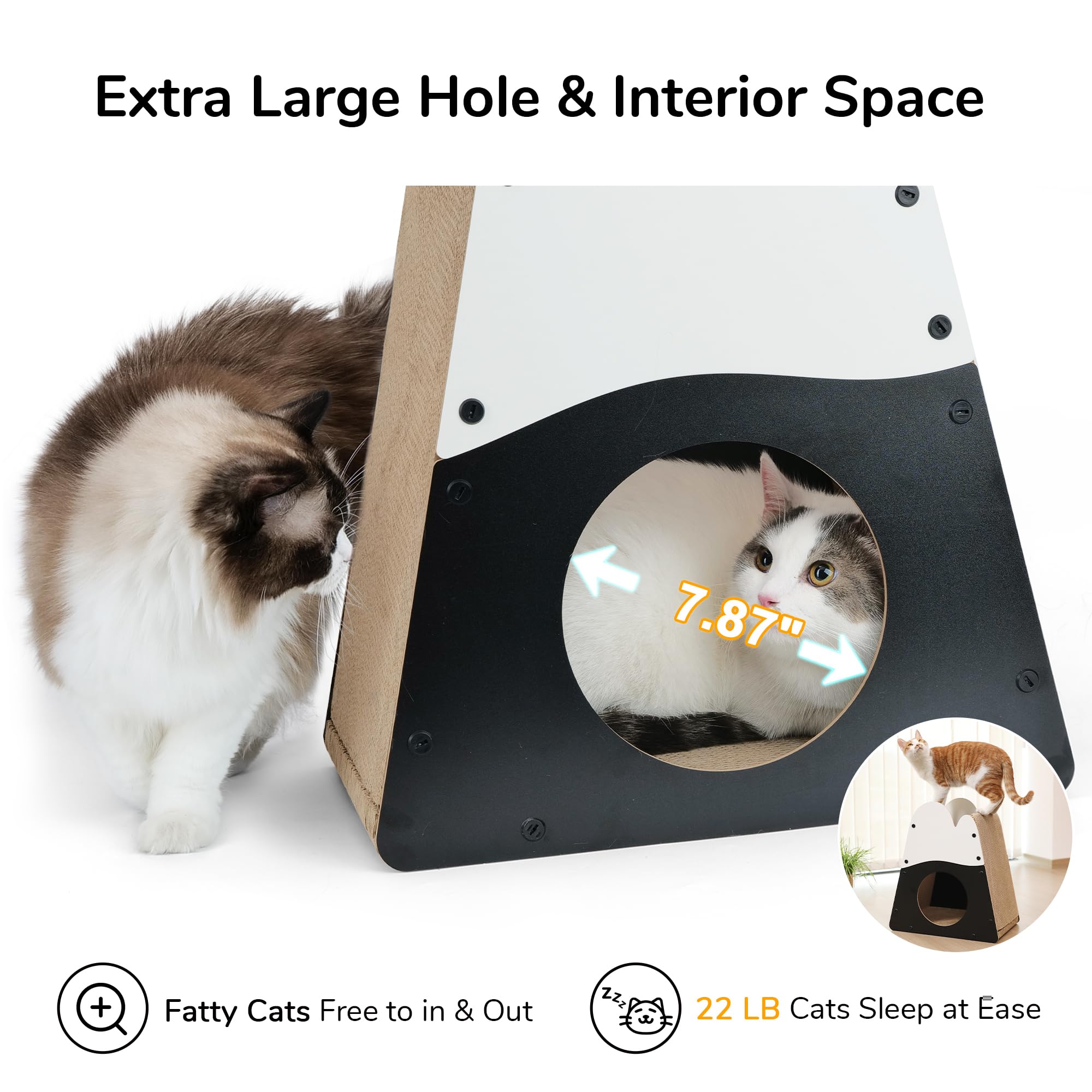 FUKUMARU Cat Scratcher House - 19.5" Mountain Shape Cardboard Lounger, White & Black, Durable Indoor Bed for Cats, Model SH04