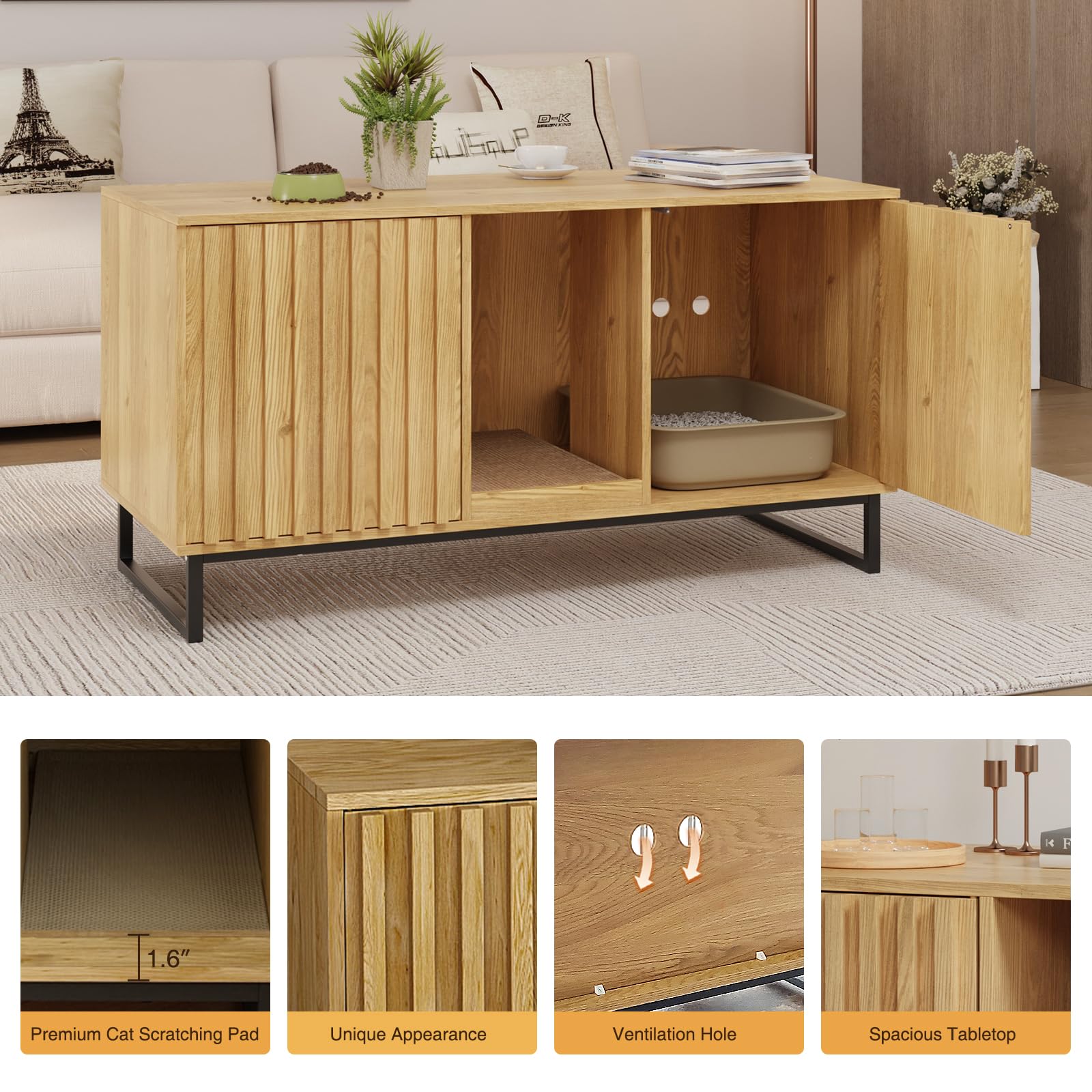 Cat Litter Box Enclosure For 2 Cats, 47.6 Litter Box Furniture Hidden With Cat Scratch Pad, Double Room Large Cat Cabinet, Indoo