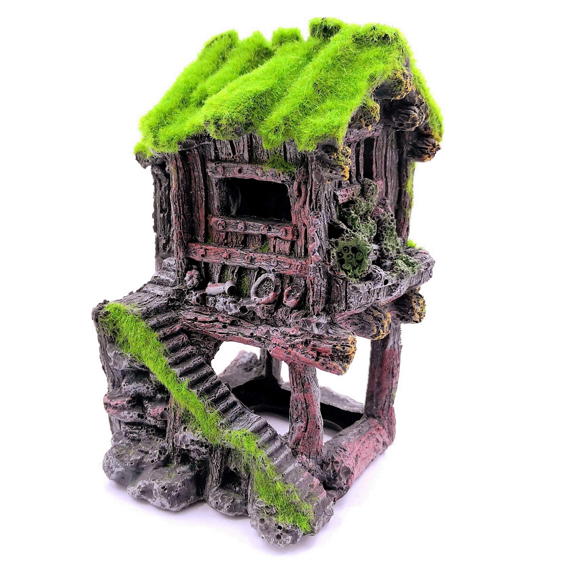 M2Cbridge Aquarium Decorations Fish Hideout House Betta Cave With Green Lifelike Moss (Style 4)