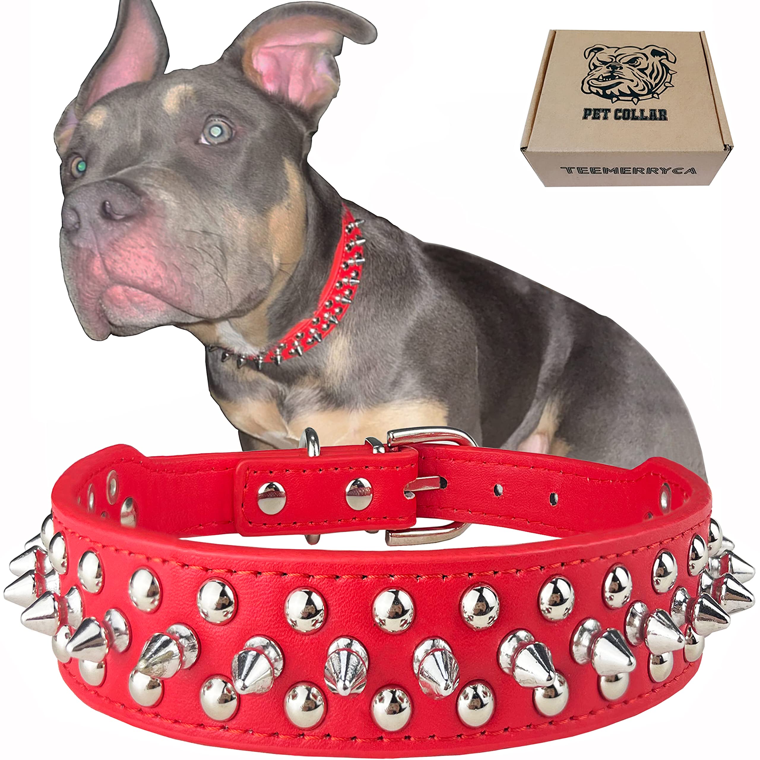 Teemerryca Adjustable Microfiber Leather Spiked Studded Dog Collars With A Squeak Ball Gift For Small Medium Large Pets Like Cats/Pit Bull/Bulldog/Pugs/Husky, Red, M(12'-15')