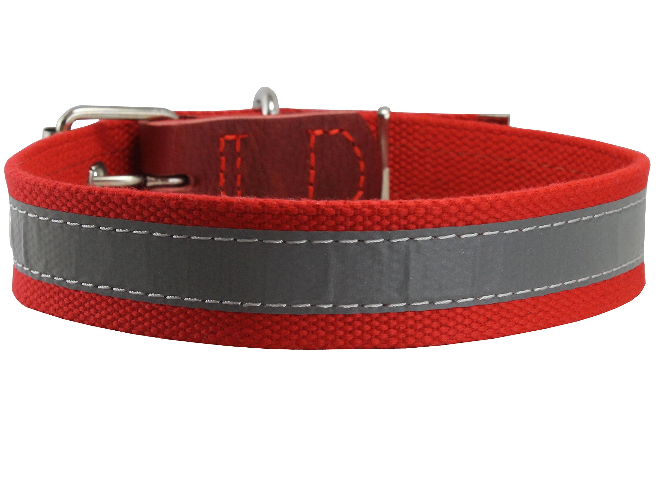 Cotton Web/Leather Reflective Dog Collar 24' Long 1.5' Wide Fits 16'-22' Neck, Pitbull, Cane Corso