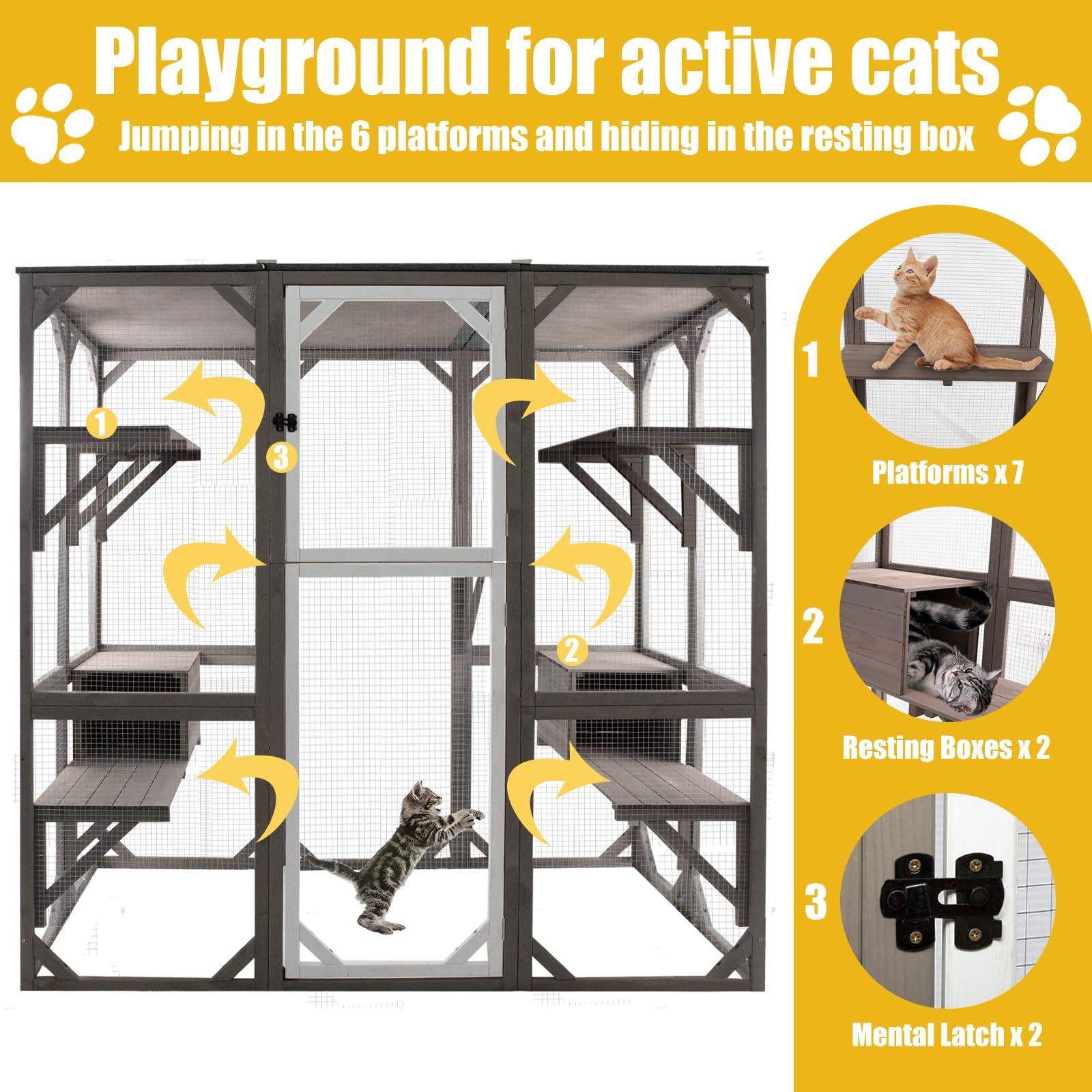 Gowoodhut Outdoor Catio Cat Enclosures - Extra Large Wooden Outdoor Cat House Enclosure Weatherproof With Multi Platforms & Loun