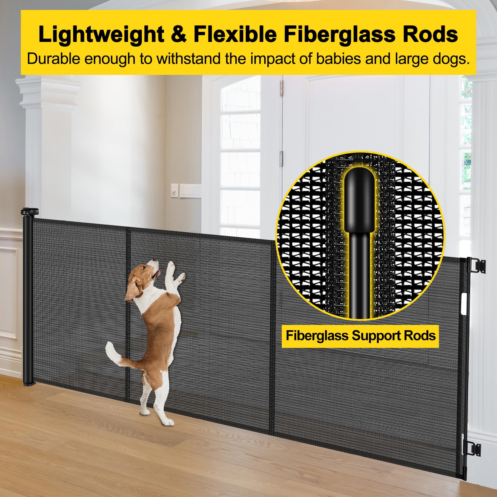 Reinforced 42    Tall x 160    Extra Wide Retractable Baby Gates with Support Rods, Outdoor Pet Gate for Wide Openings, Tall Bab