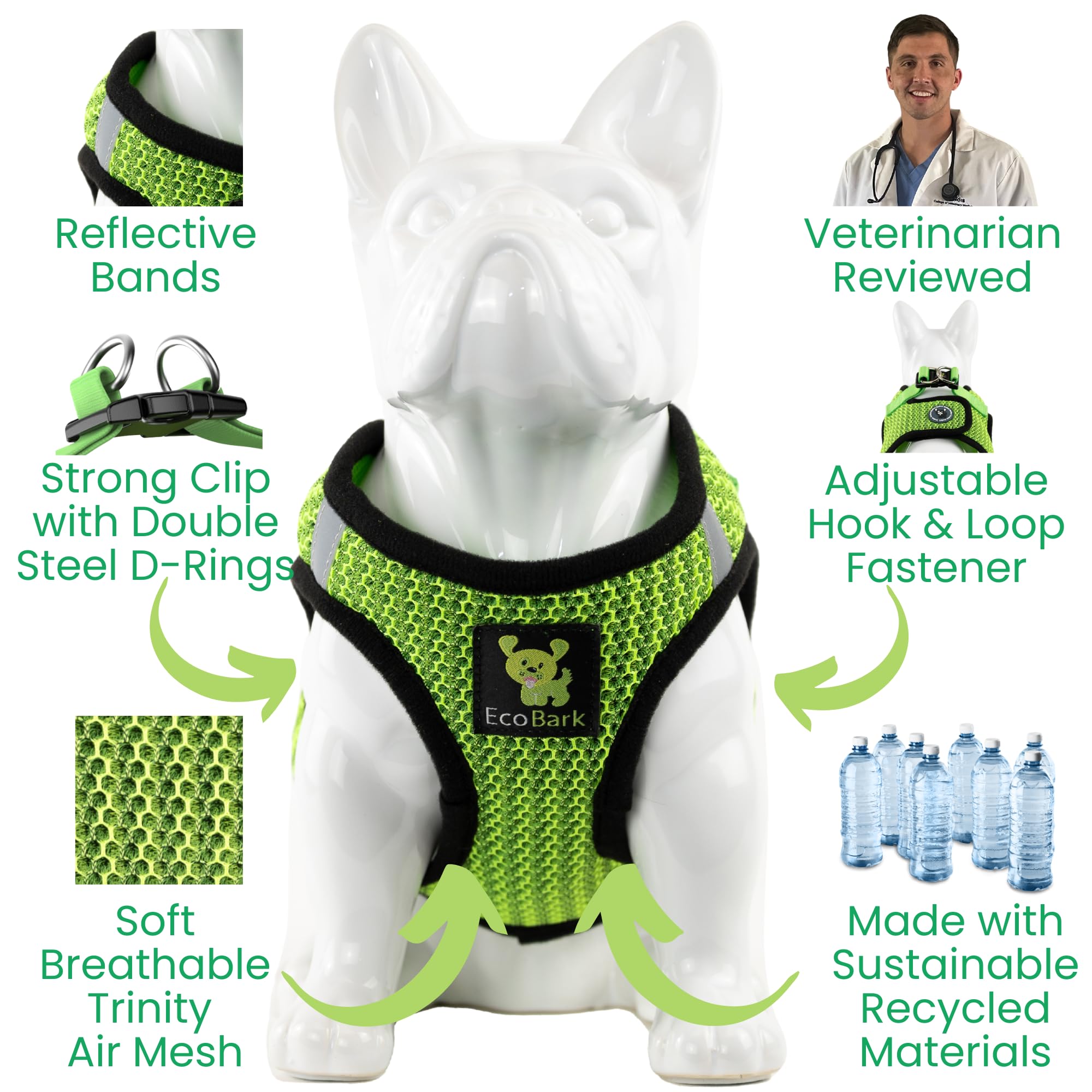 Ecobark Step In Dog Harness - Eco-Friendly Teacup Dog Harnesses For Xxs, Xs, And Small Dogs - Reflective And Adjustable Mini Body Halter Vest -Tiny Soft Mesh Toy Breed Harness (Neon Green, Xxs)