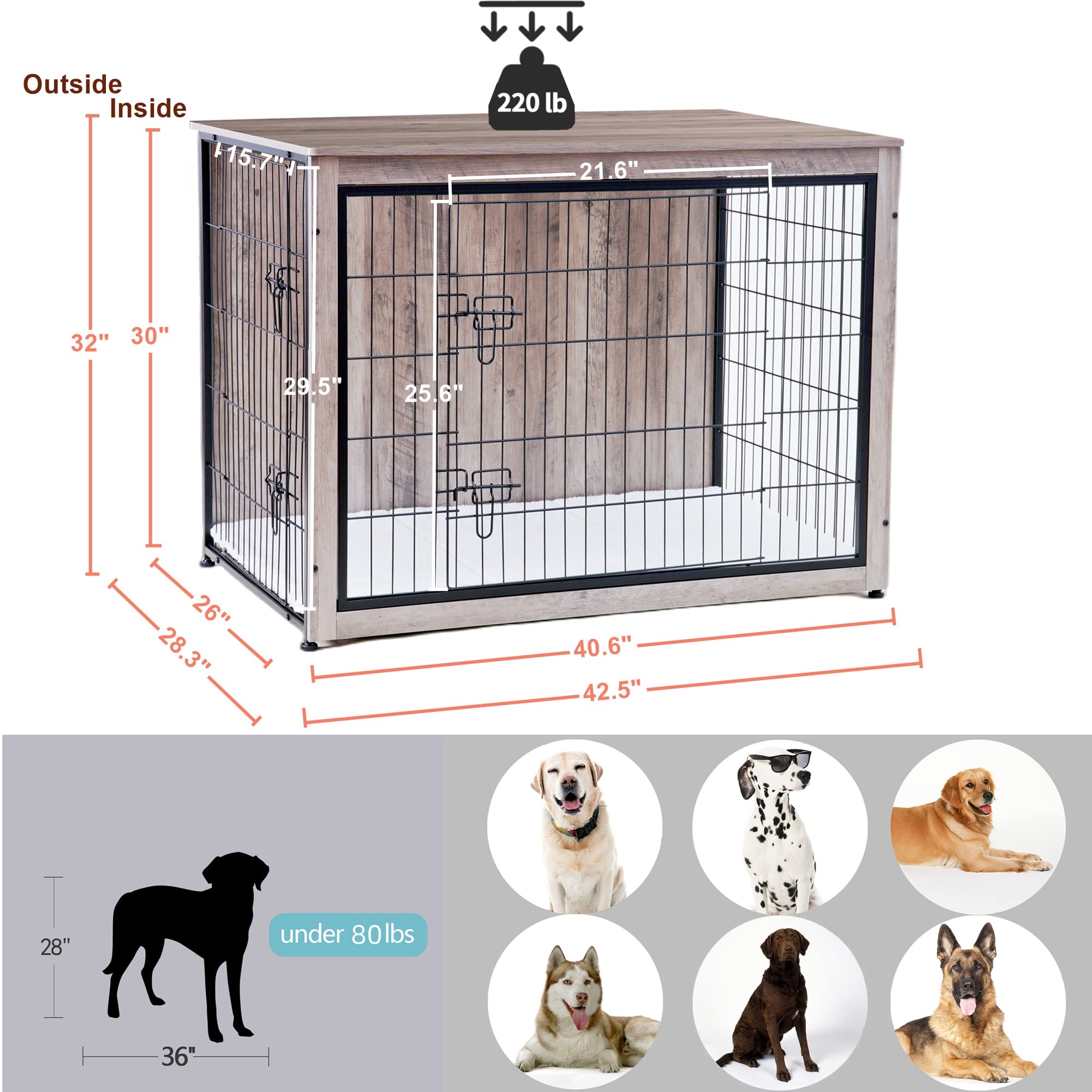 Dwanton Dog Crate Furniture With Cushion, Xl Wooden Dog Crate With Double Doors, Large Dog Crate Furniture, Dog Kennel Indoor, Dog House, Extra Large, 43.3' L, Greige