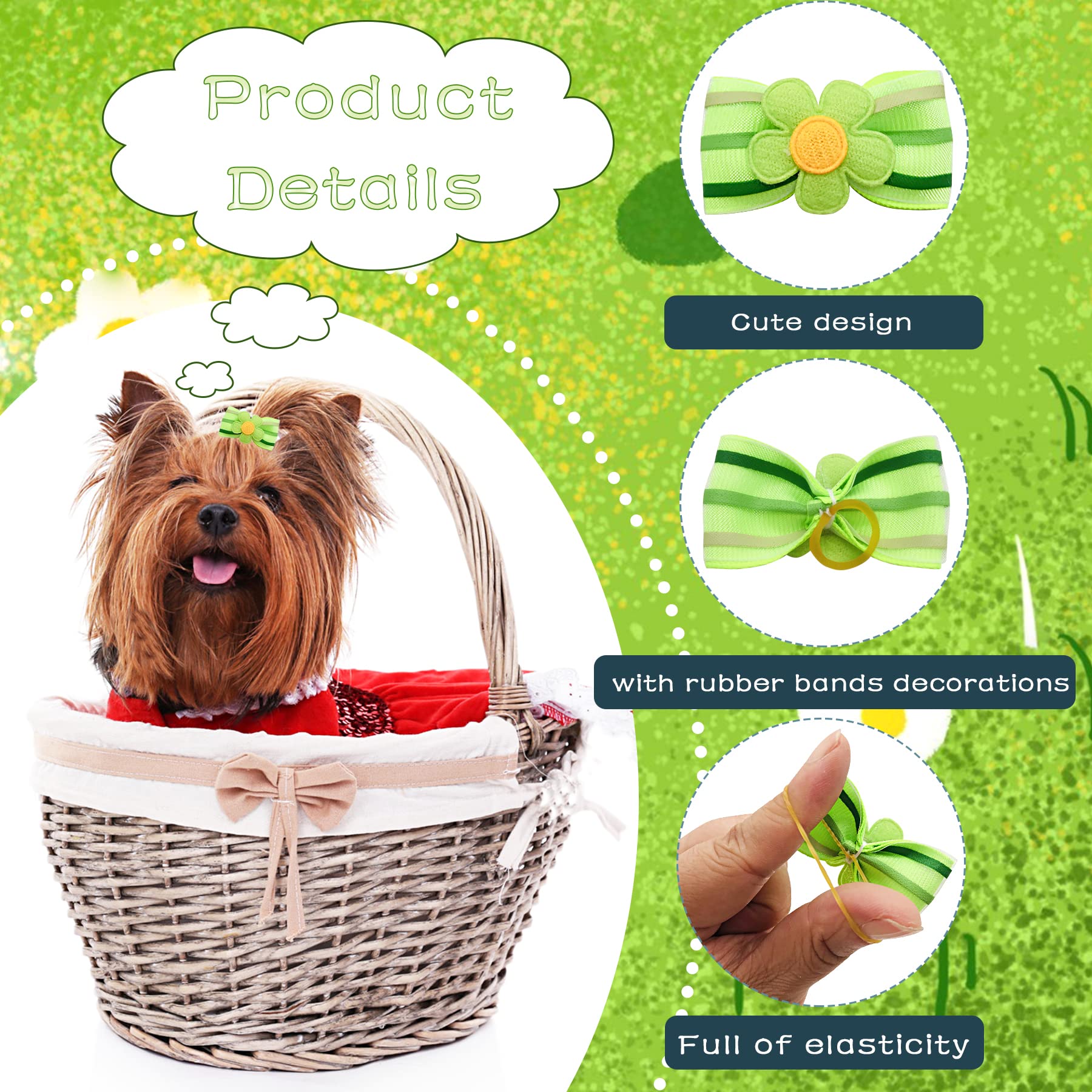 Jpgdn 30Pcs/15Pairs Green Dog Hair Bows With Rubber Bands Puppy Hair Bowknot Top Knot Elastic For Girl Female Doggy Cat Rabbit P