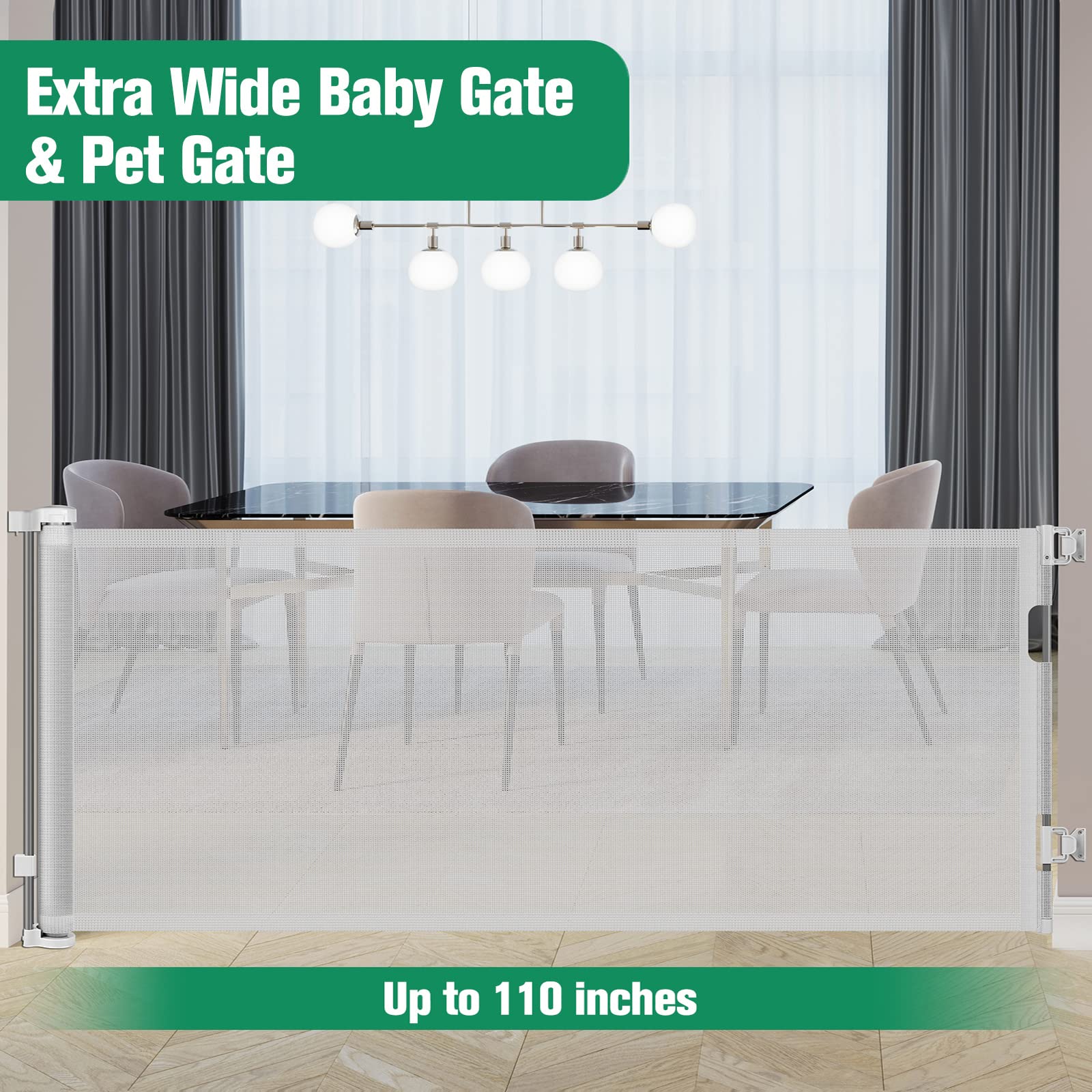 110 Inch Retractable Baby Gates For Large Openings Retractable Dog Gate Outdoor Retractable Gate Mesh Baby Gate Retractable Gates For Dogs Indoor Extra Long Baby Gate For Stairs, Doorways, Light Gray