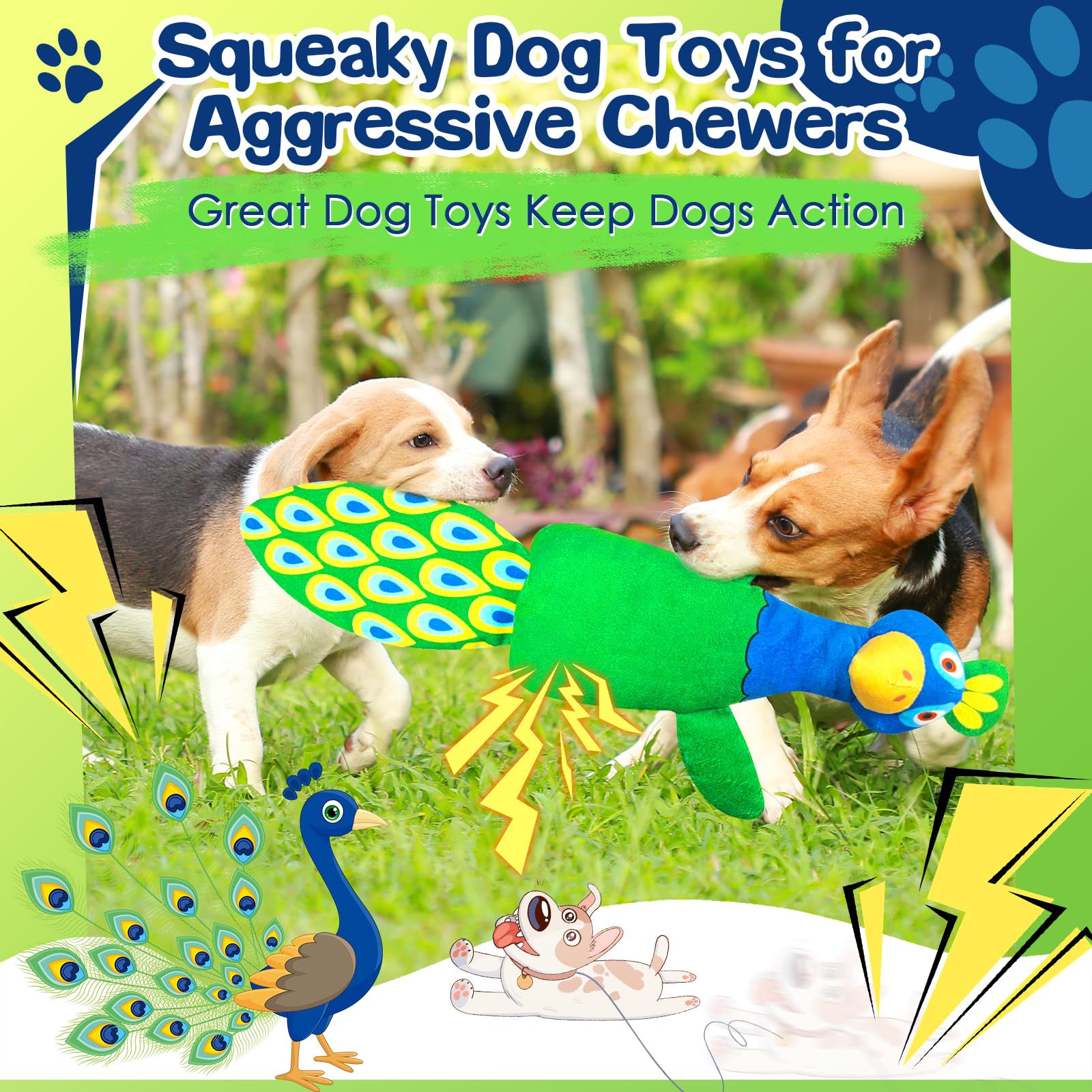 Large Dog Toys For Aggressive Chewers:Plush Squeaky Tug Of War Dog Toys With Crinkle Paper- Interactive Tough Teething Chew Toys