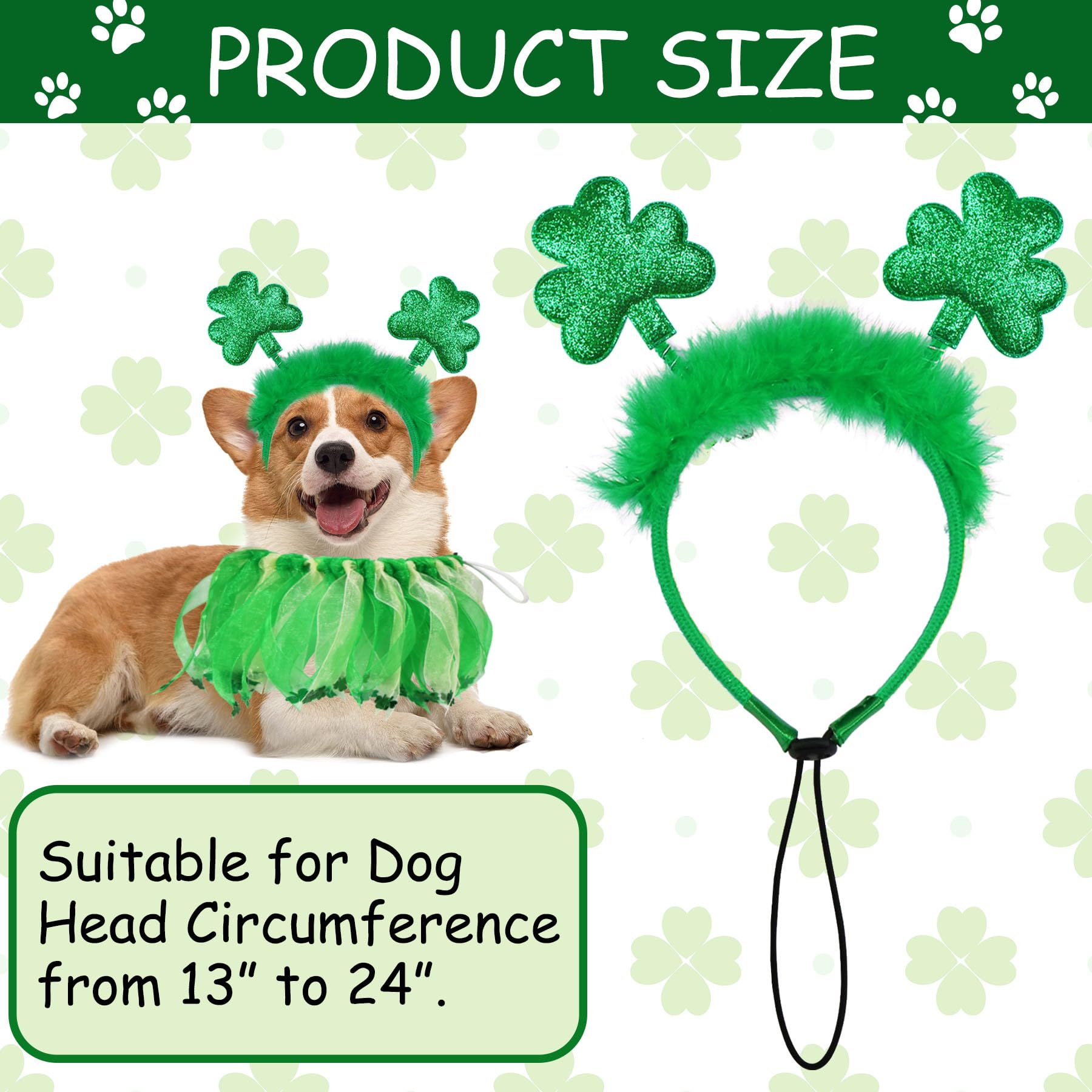 GOYOSWA Dog St. Patrick's Day Outfit, St Patricks Day Dog Costume Clothes Green Glitter Shamrock Dog Headband Dog Collar with Sh