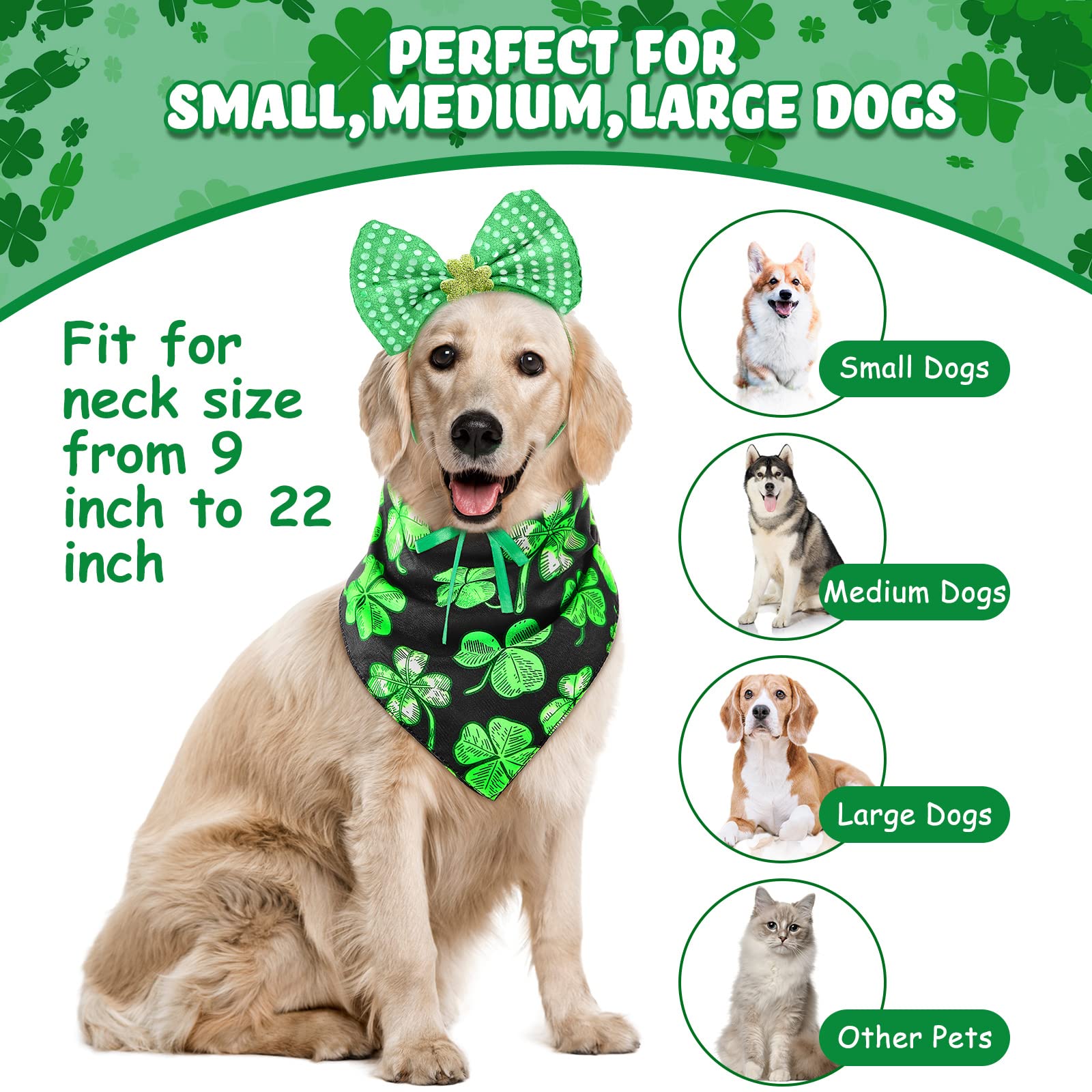 4 Pieces St Patrick'S Day Dog Costume 2 Sequin Irish Shamrock Headband Bowtie 2 Shamrock Dog Bandana Scarf For Pets Costume Deco