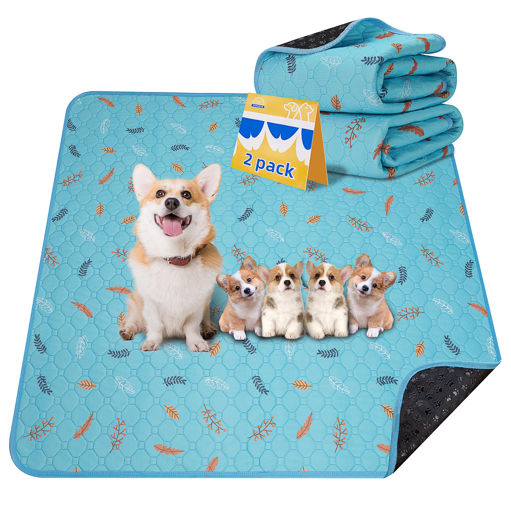 Sunheir Washable Pee Pads For Dogs Extra Large 36' X 48' 2-Pack Reusable Puppy Pads Pet Training Pads, Whelping Pad, Non-Slip Protects Against Urine Leakage (Leaves - Sky Blue, 36X48)