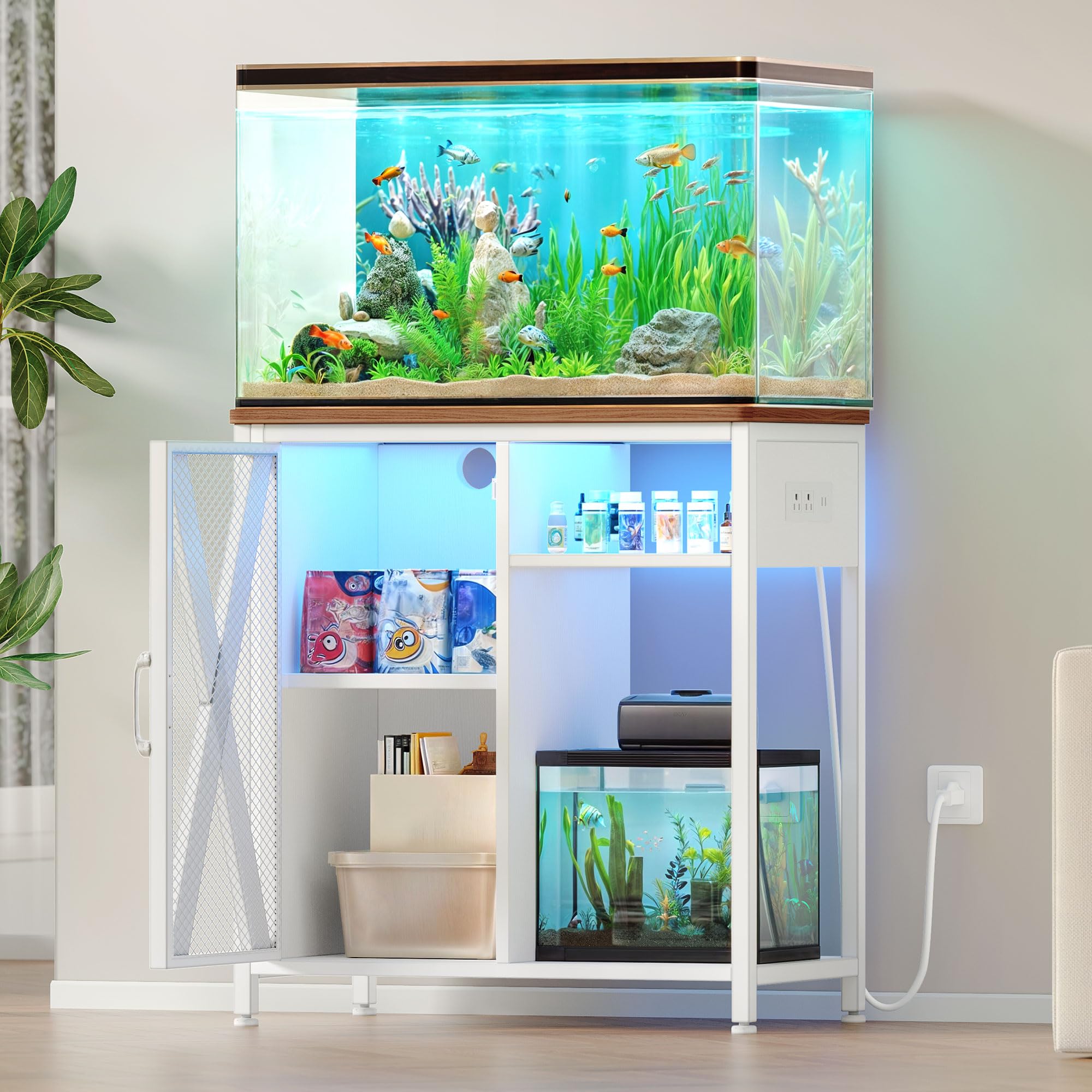 YITAHOME Fish Tank Stand with Power Outlets & LED Light, 20-29 Gallon Metal Aquarium Stand with Cabinet for Fish Tank Accessorie