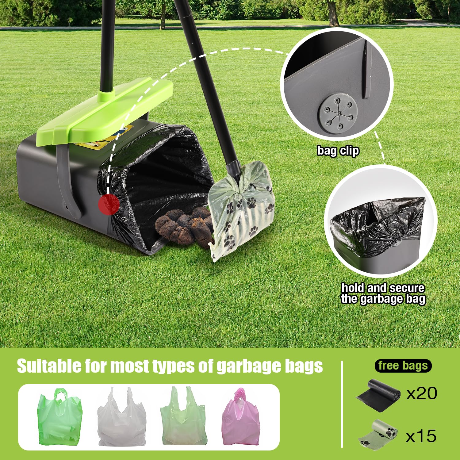 Pooper Scooper Swivel Bin & Rake Kit With Broom Set Of 3 For Large Medium Small Dogs With 46'' Long Metal Handle And 35 Waste Ba