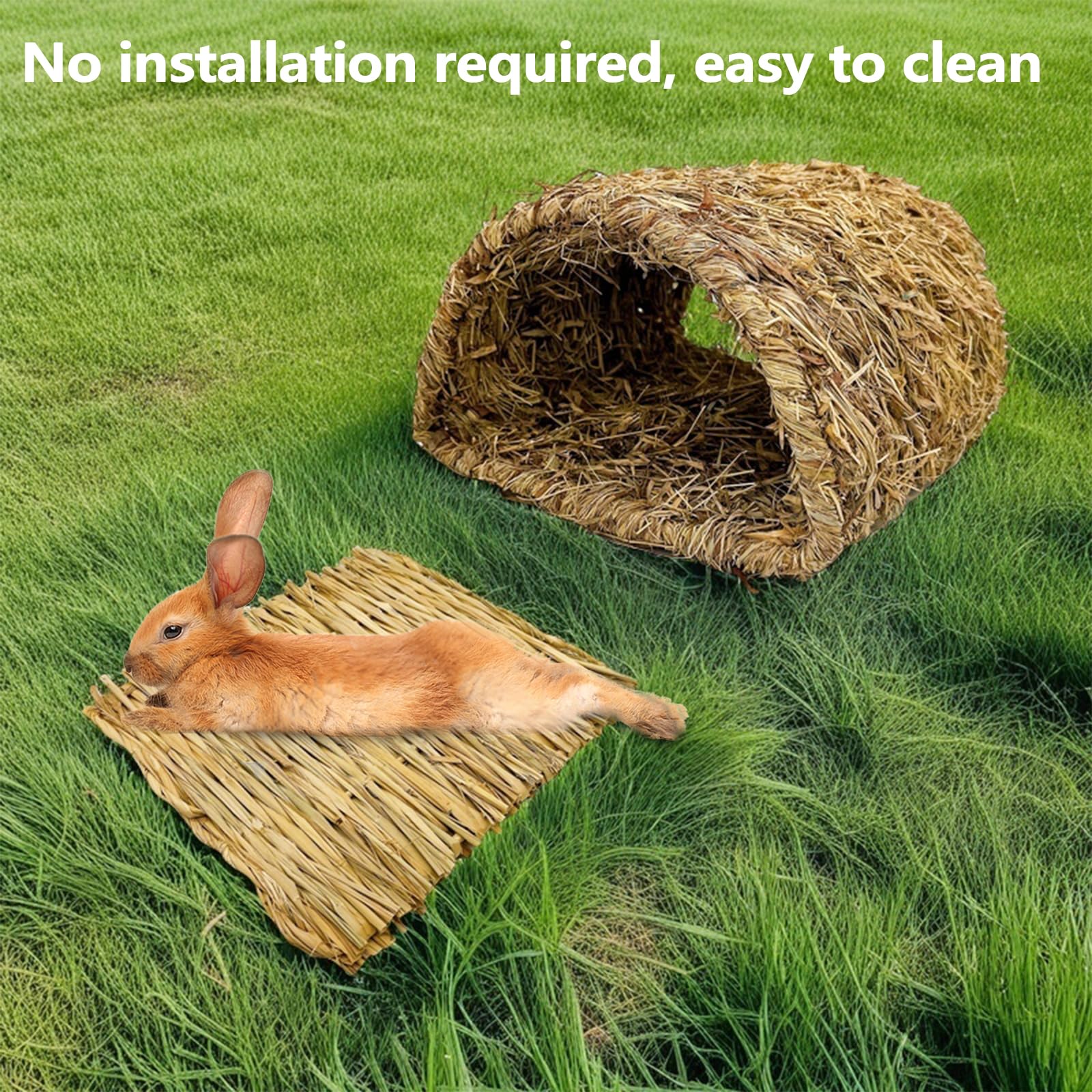 Hamiledyi Bunny Grass Tunnel,Rabbit Grass Bed,Natural Straw Woven Mat Winter Warm Hideaway Hut For Rabbit Gerbil Ferrets Guinea