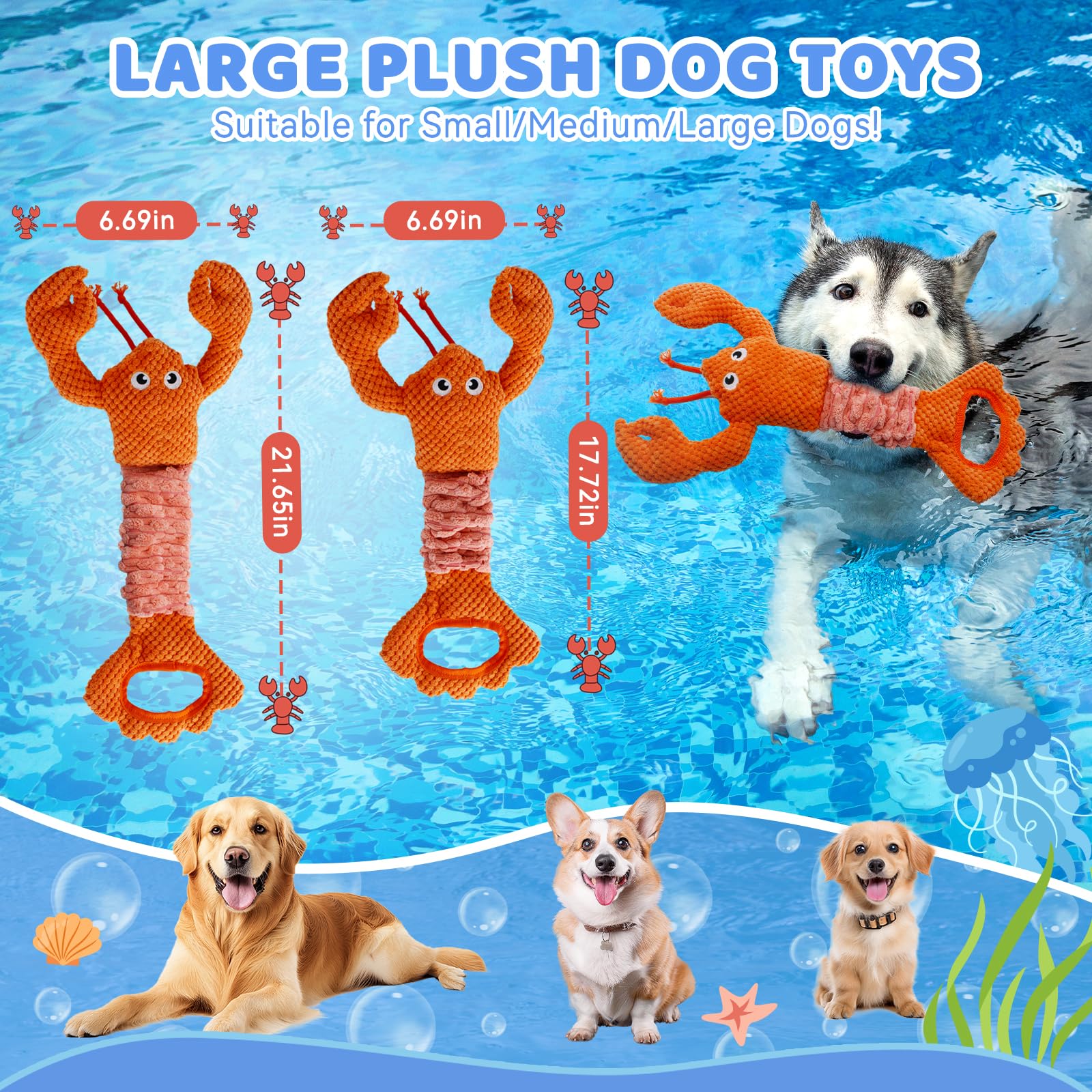 Yzhduxiu Tug Of War Dog Toy, Squeaky Dog Toys For Aggressive Chewers, Interactive Lobster Puppy Toys With Crinkle Paper To Keep