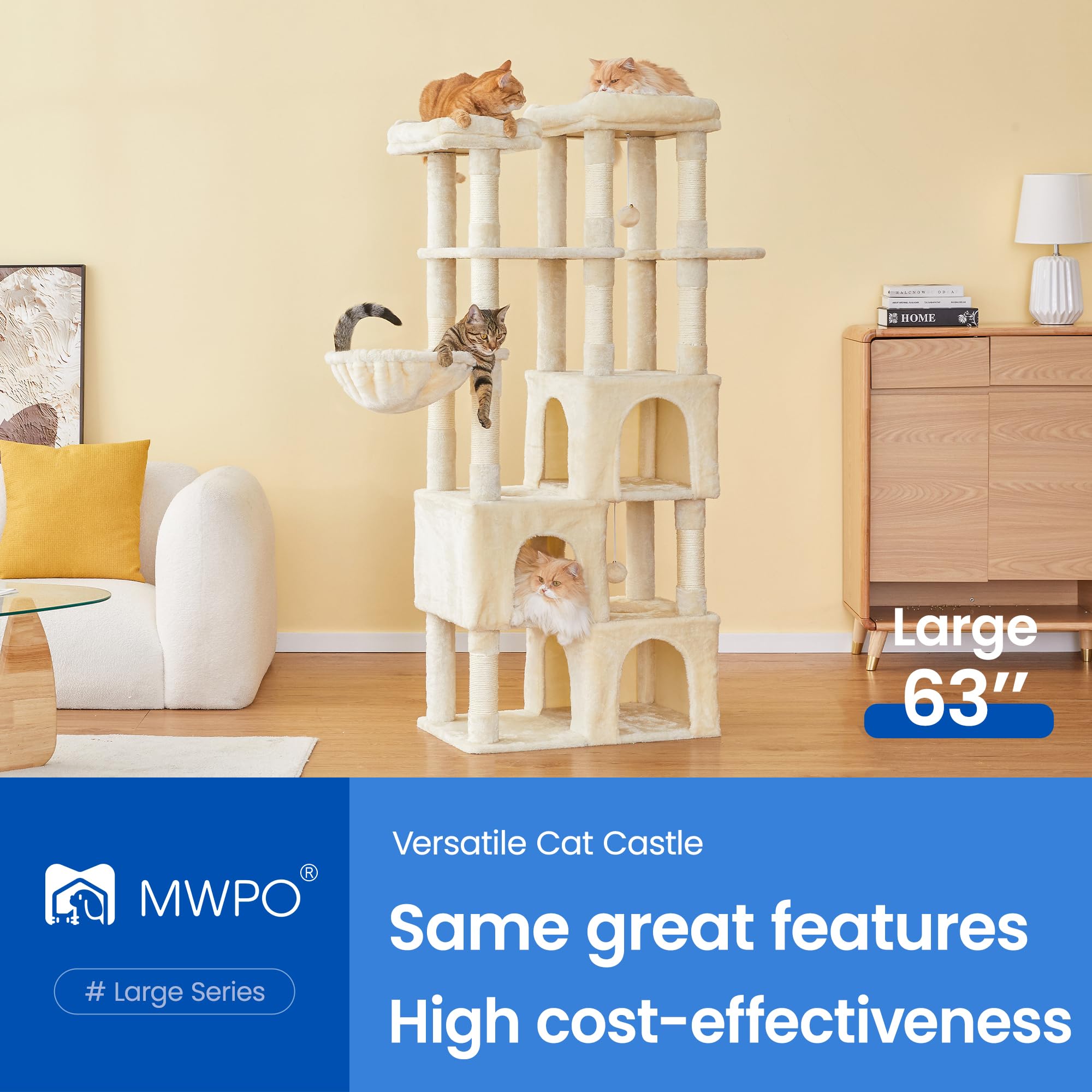 Mwpo Large Cat Tree For Indoor Cats, 63-Inch Cat Tower With 3 Cat Condos, Scratching Posts, Padded Perches, Hammock, Dangling To